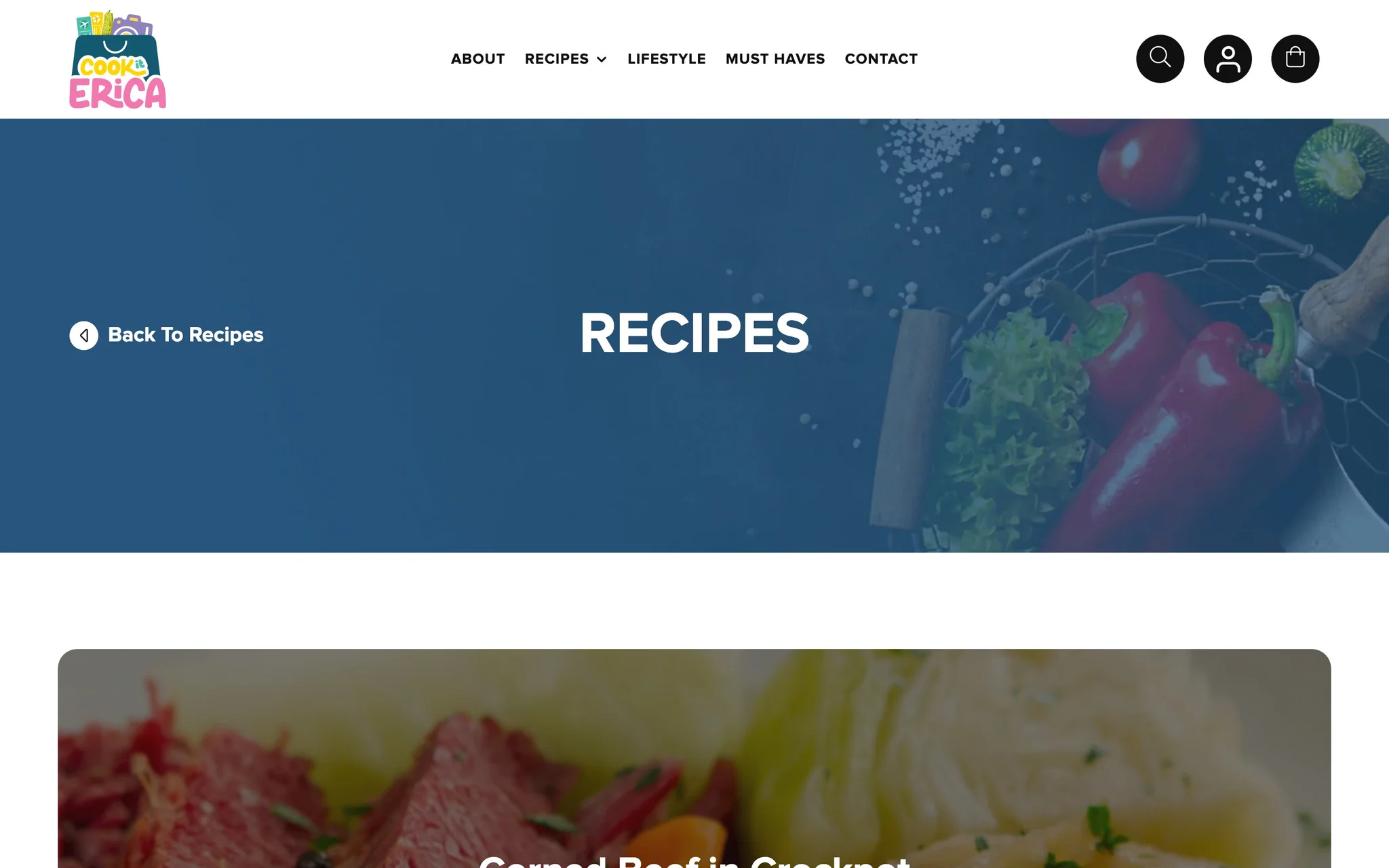 Cook It Erica recipe page header for Corned Beef in Crockpot with a Back To Recipes link.