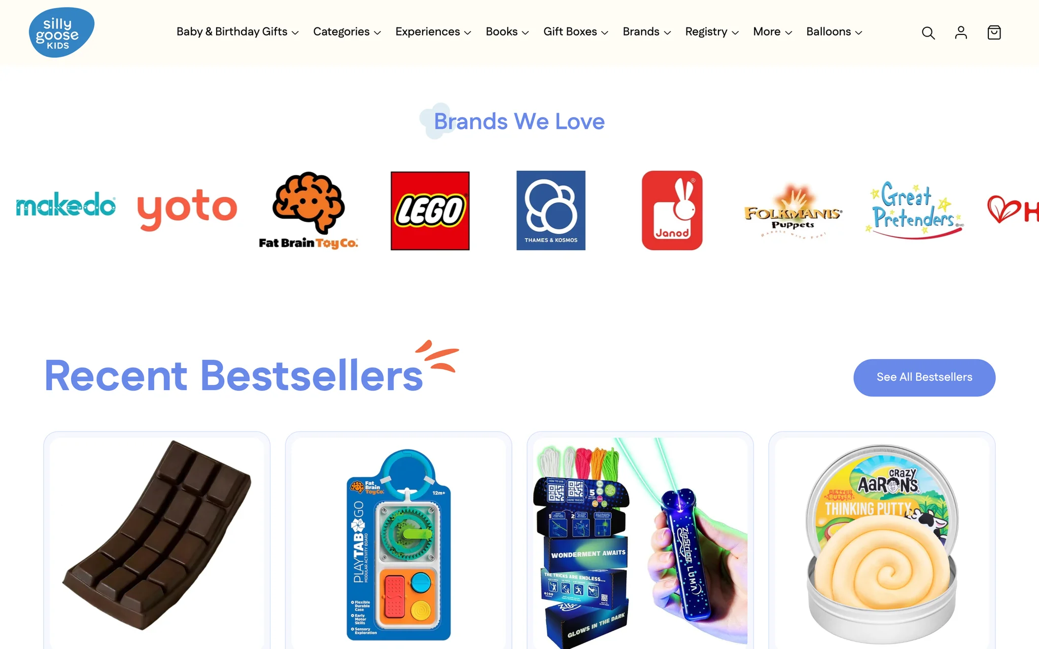 Brands We Love logo row running edge to edge with Makedo, Yoto, Fat Brain Toy Co., LEGO, Thames & Kosmos, Janod, Folkmanis Puppets and Great Pretenders, above the Recent Bestsellers heading and its first product cards