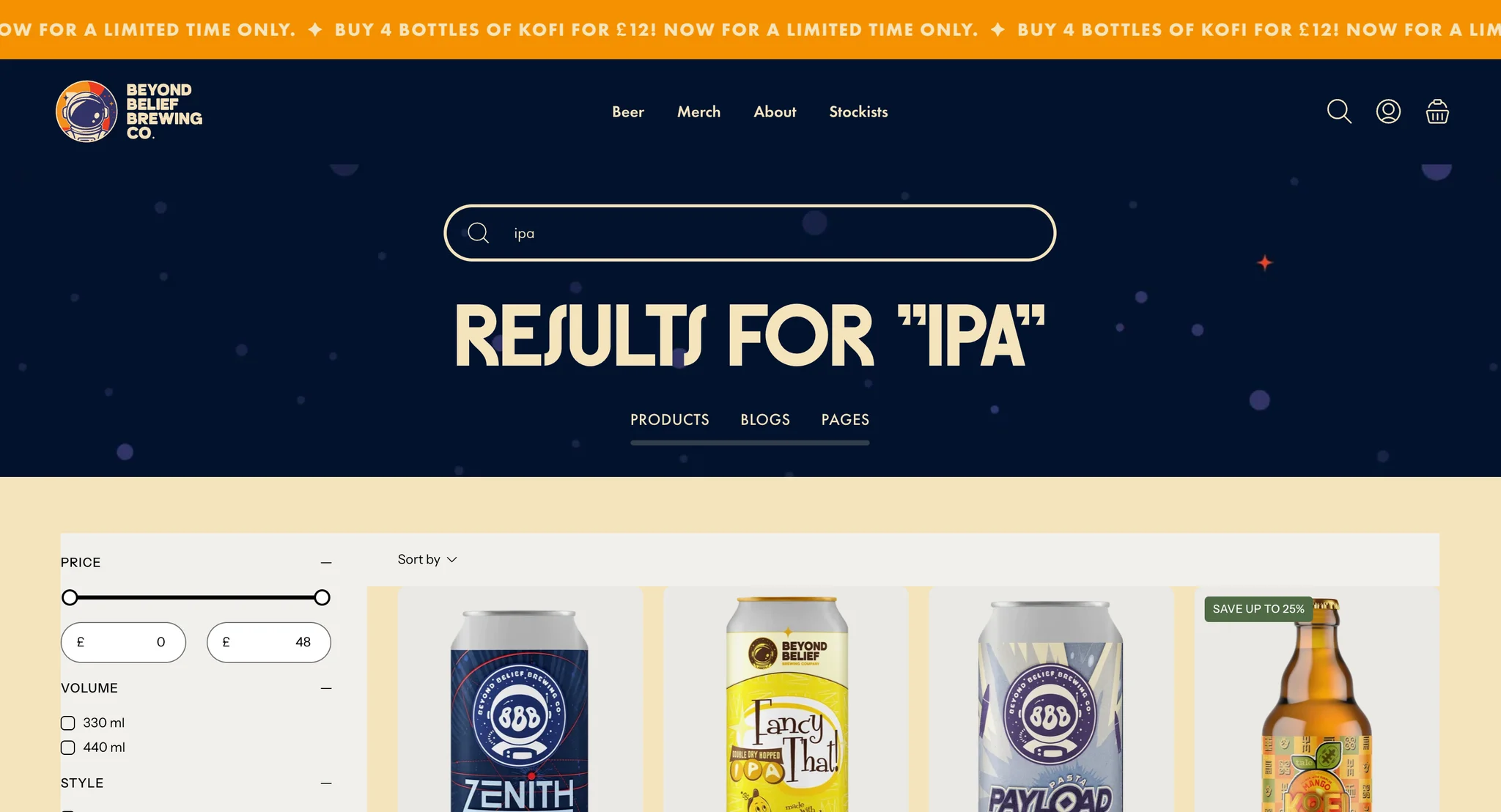 Search results for "IPA" on a navy branded header, with product, blog and page tabs and price, volume, style and ABV filters