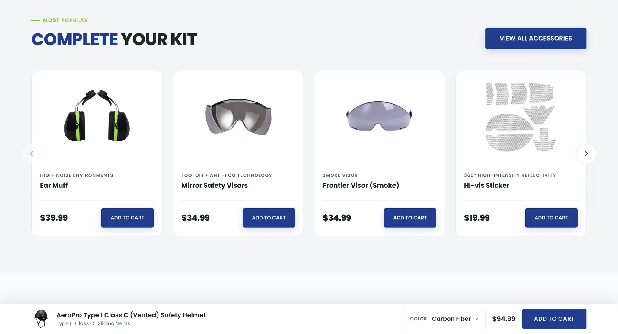 LAND Helmets Complete Your Kit accessories cross-sell with ear muffs, safety visors, and a hi-vis sticker
