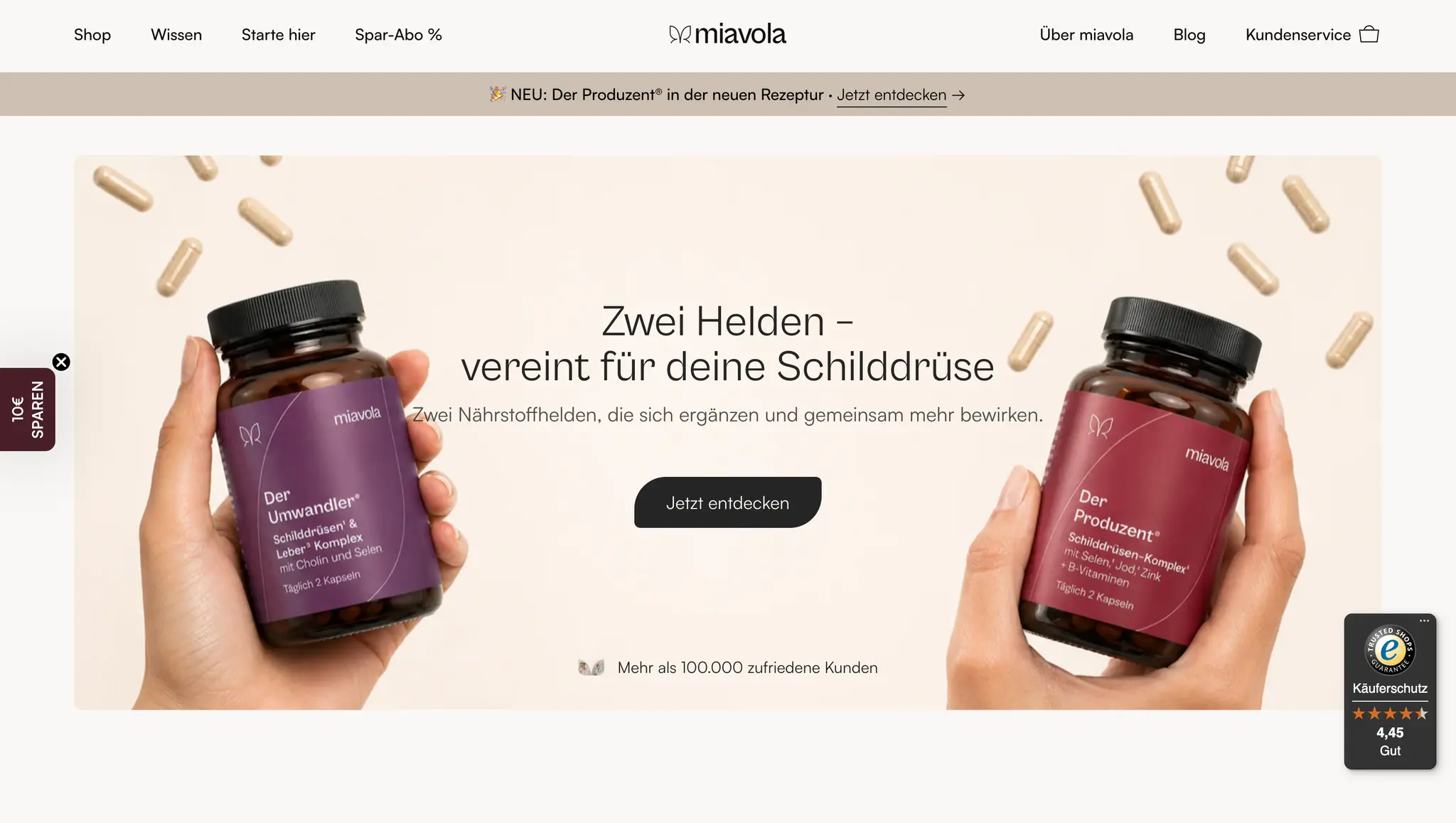 miavola homepage hero: two hands holding the Umwandler and Produzent supplement bottles above a "Jetzt entdecken" call to action.