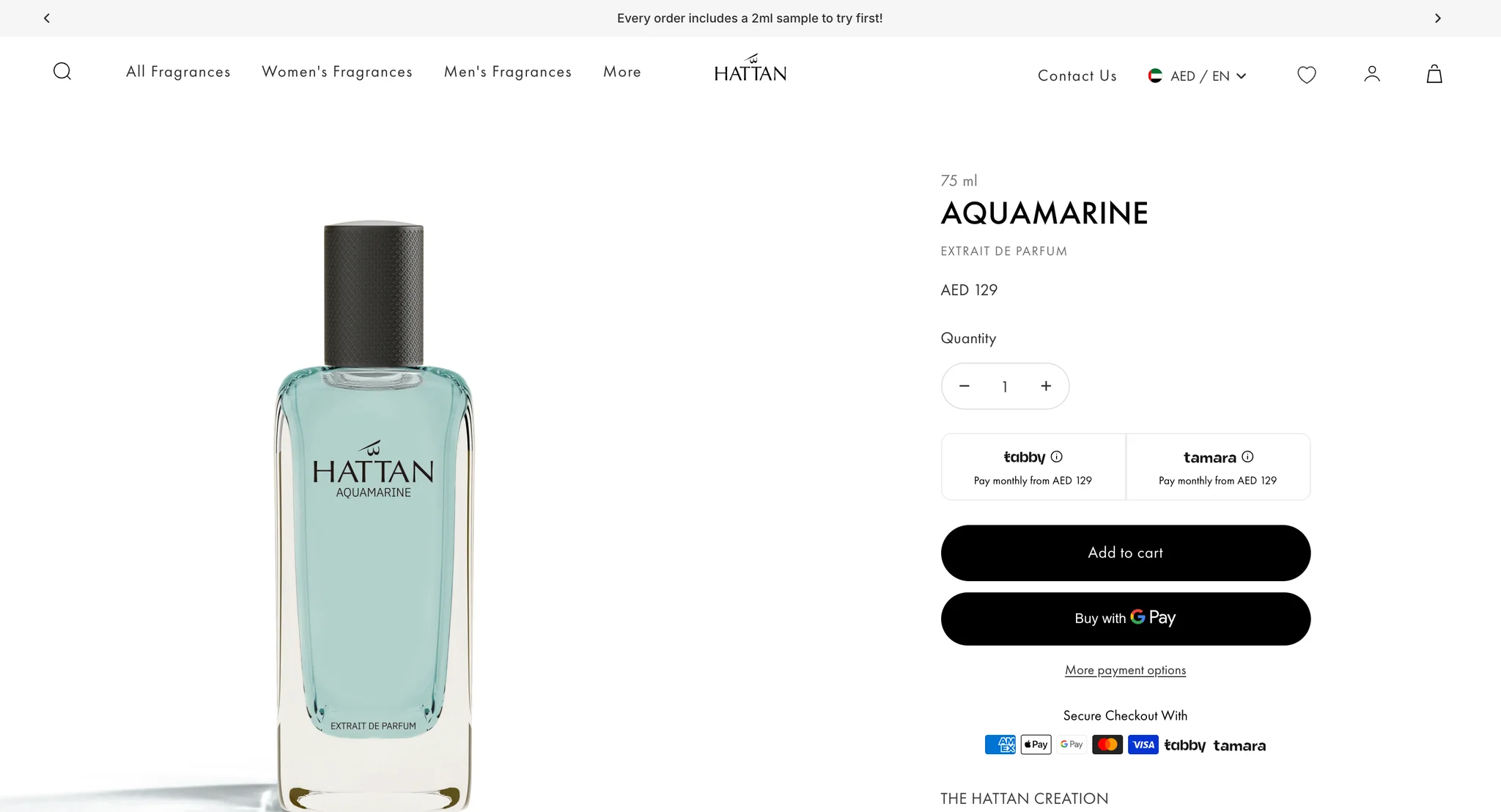 Aquamarine product page with a large bottle packshot beside the buy box: 75 ml, Extrait de Parfum, AED 129, a quantity stepper, Tabby and Tamara instalment boxes, Add to cart and Google Pay