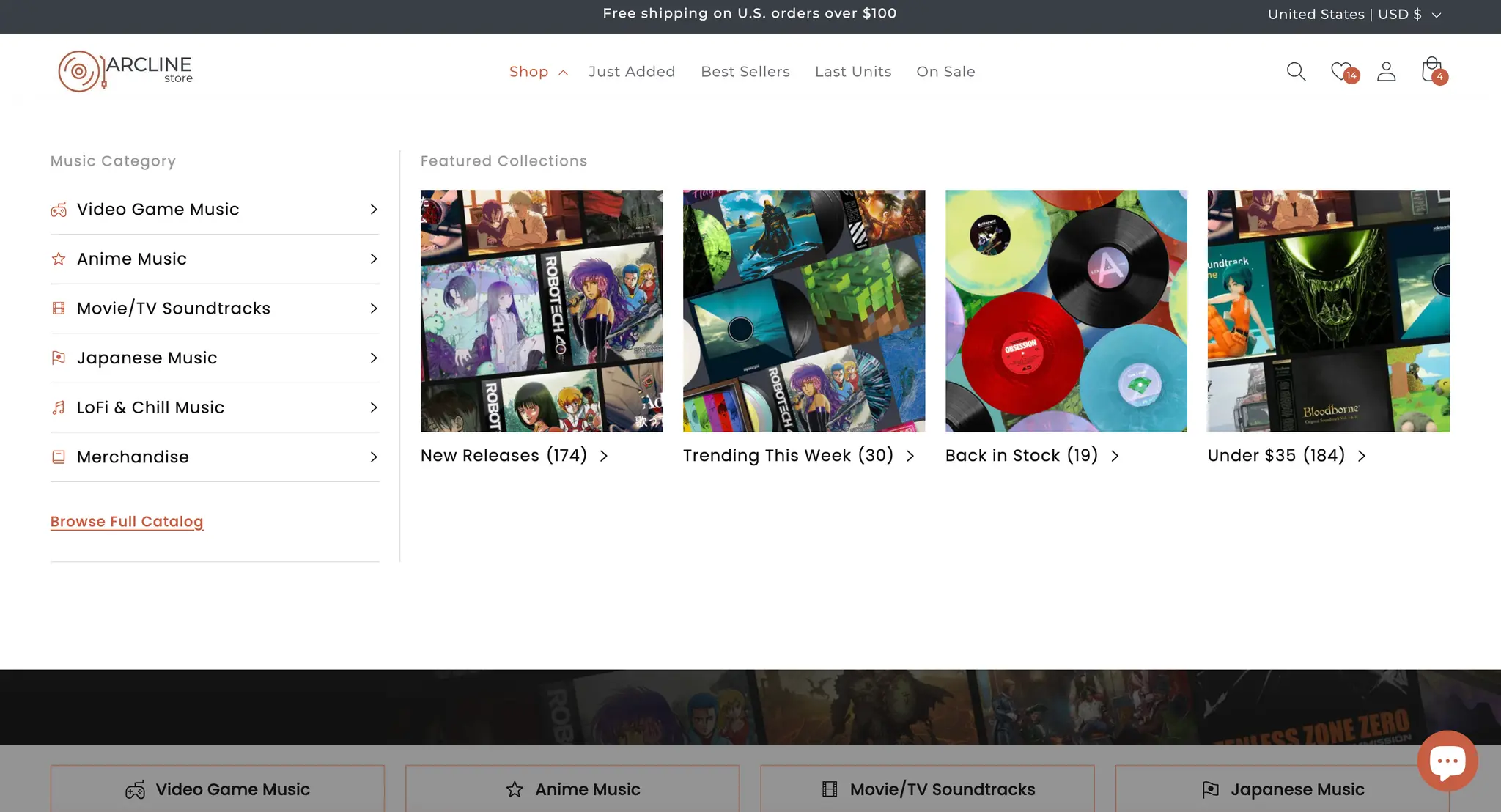 Arcline metaobject driven mega menu showing music genre categories and indented sub collections