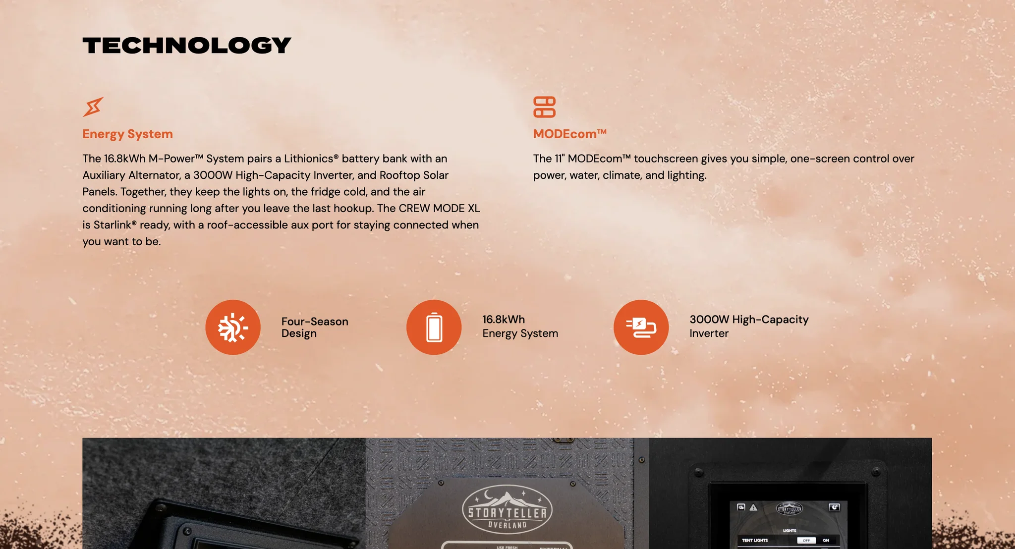 Technology section describing the 16.8 kWh energy system and the MODEcom touchscreen, with icons for four-season design and a 3000W inverter