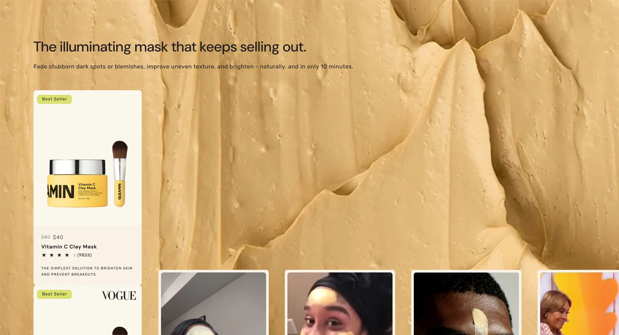 "The illuminating mask that keeps selling out" section over a clay texture, with product cards and a row of customer videos