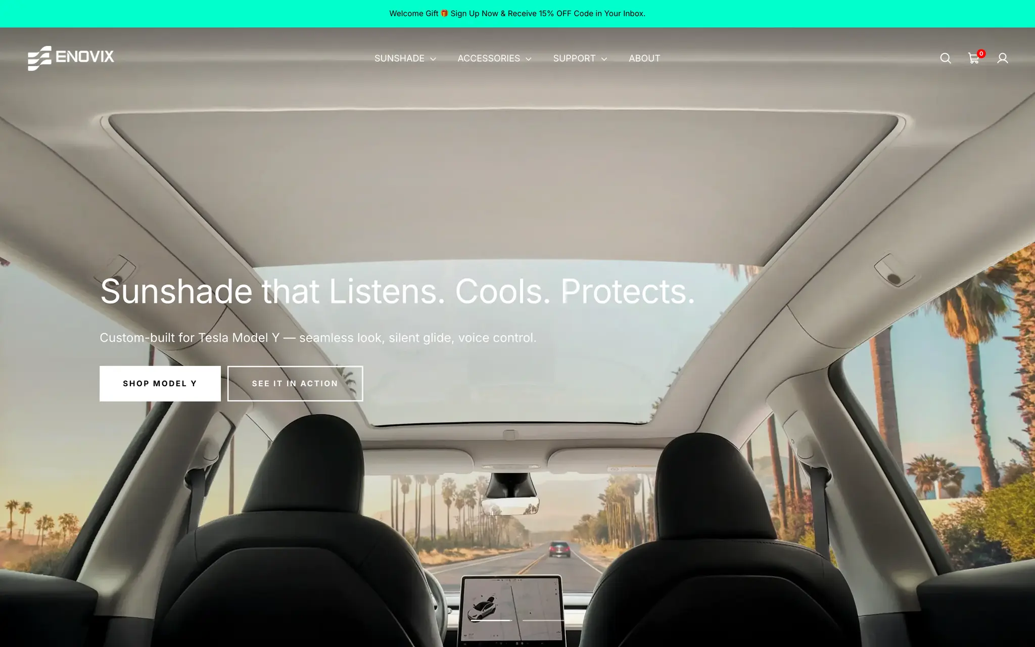 Enovix homepage hero shot from inside a Tesla looking up through the glass roof, headlined “Sunshade that Listens. Cools. Protects.” with Shop Model Y and See It In Action buttons.