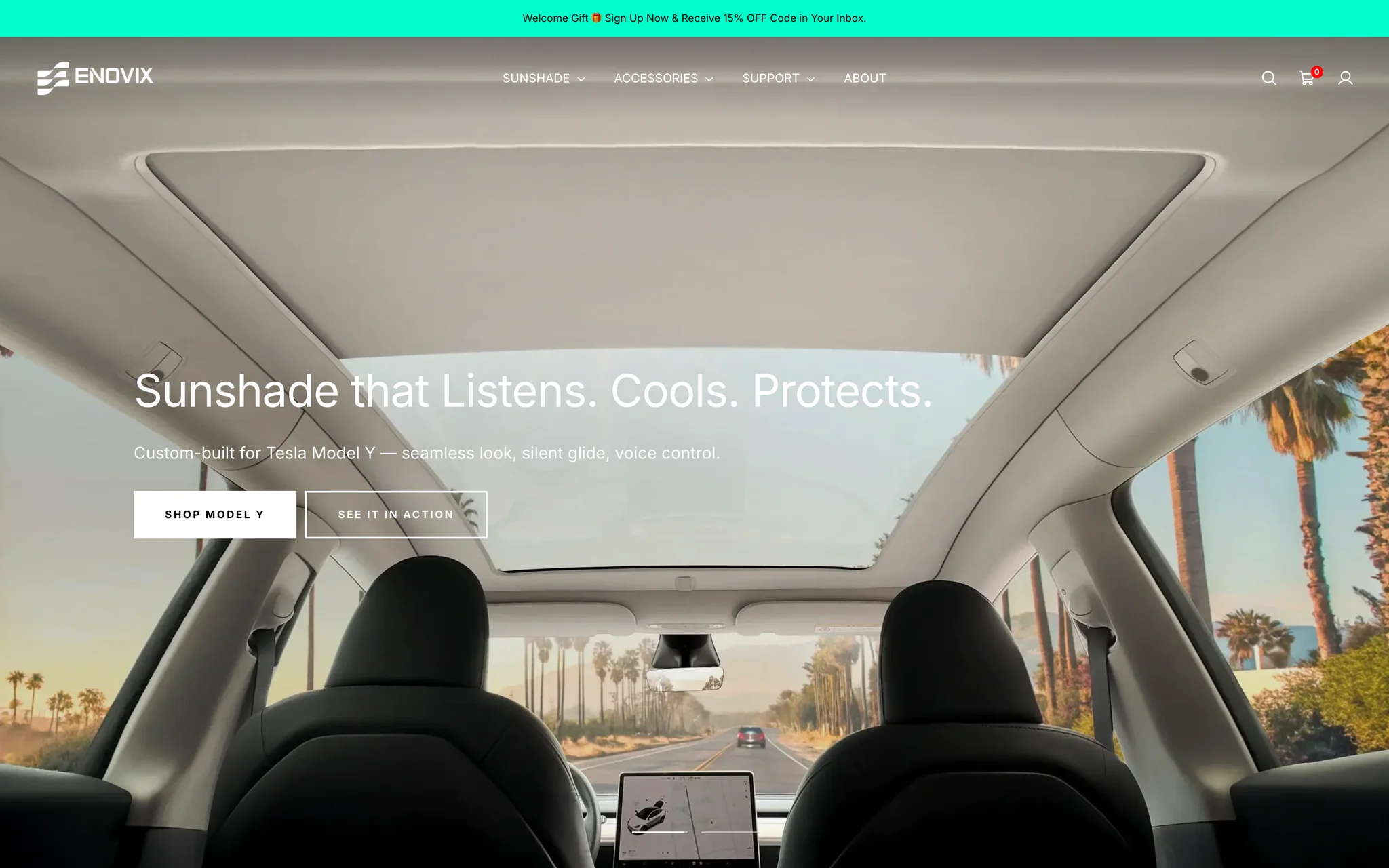 Enovix homepage hero shot from inside a Tesla looking up through the glass roof, headlined “Sunshade that Listens. Cools. Protects.” with Shop Model Y and See It In Action buttons.