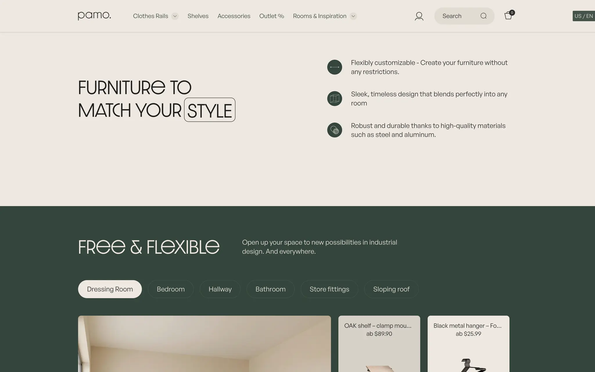 pamo. homepage section headed “Furniture to match your style”, listing flexible customisation, timeless design, and durable steel and aluminium construction.