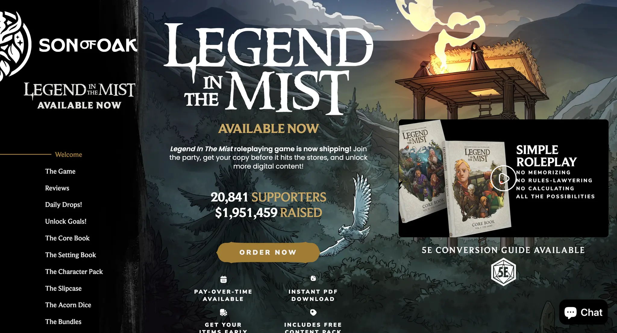 Son of Oak desktop screenshot showing a tabletop roleplaying game product page on the Shopify store