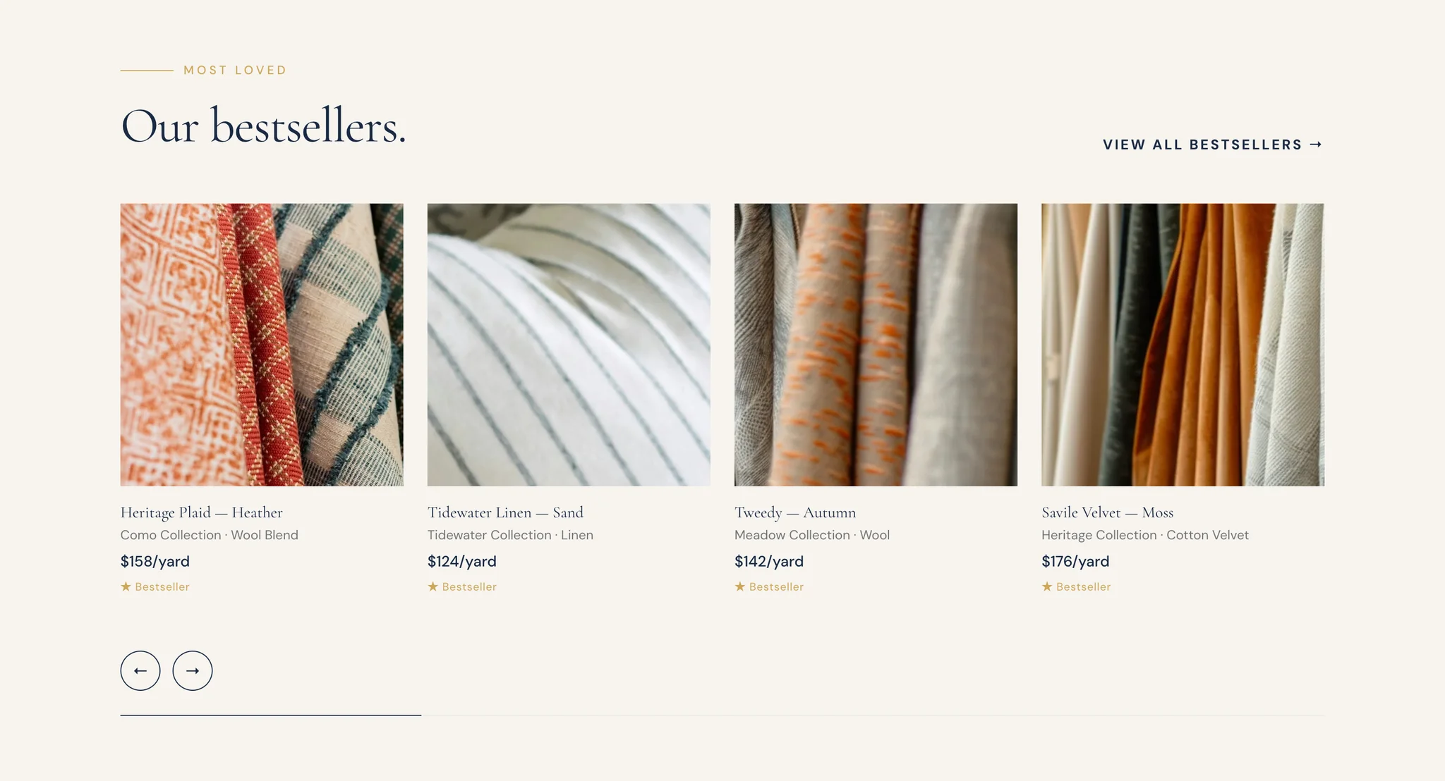 EVDEV's new homepage section design "Our bestsellers.", a carousel of four fabric drape photos with names, collections and prices per yard, and arrow buttons below