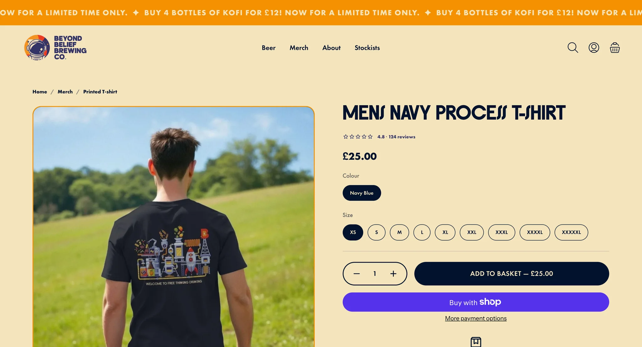 Mens Navy Process T-shirt page with colour and size options from XS to 5XL
