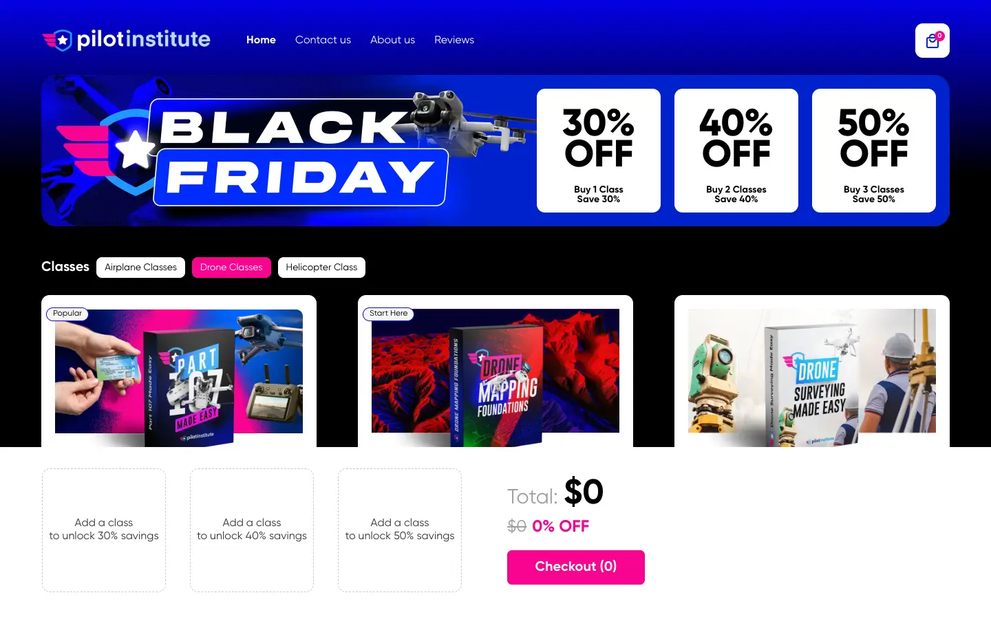 Pilot Institute Black Friday 2026 sale page with 30%, 40% and 50% bundle tiers