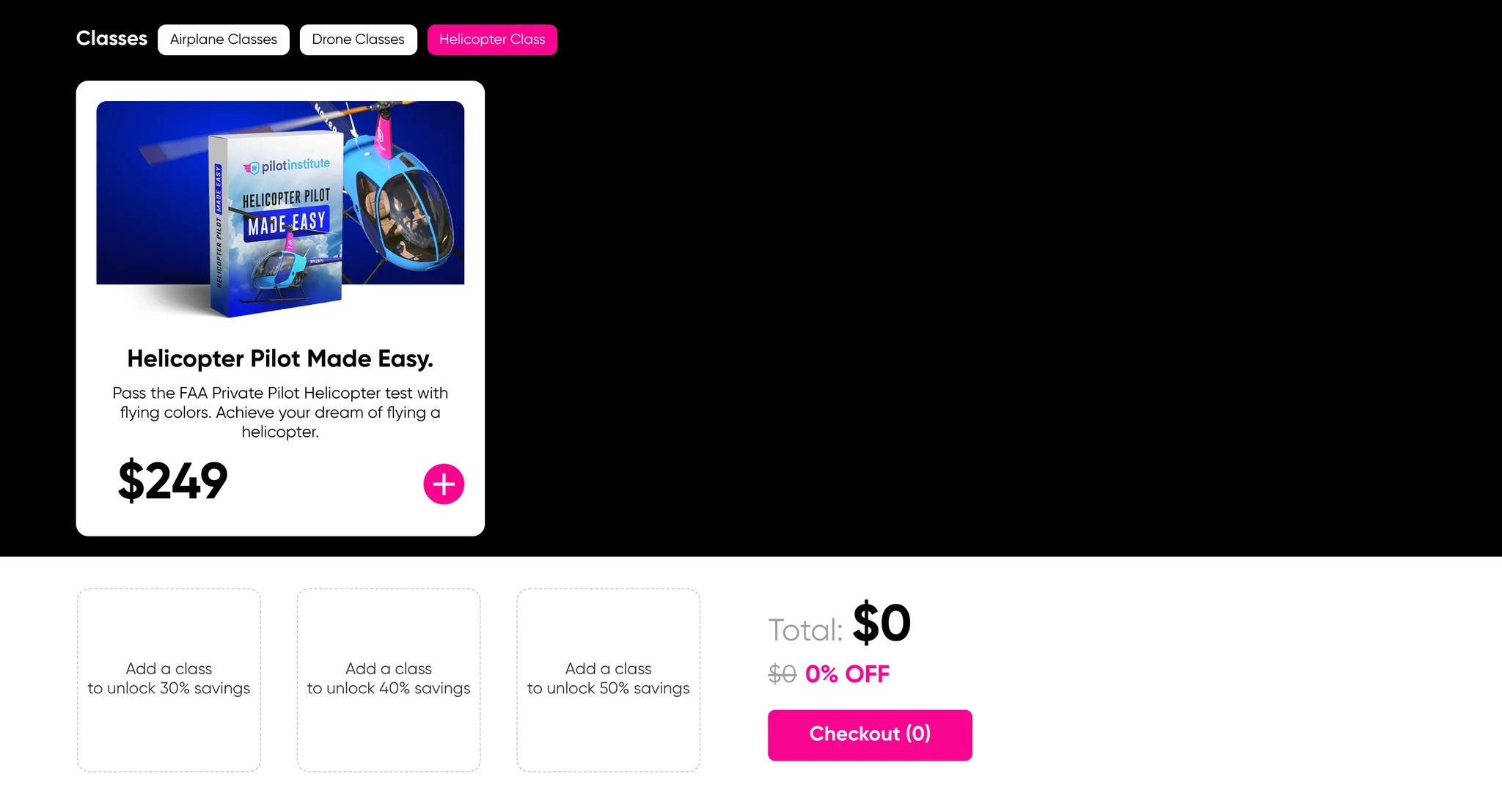 Helicopter tab showing the Helicopter Pilot Made Easy class at $249