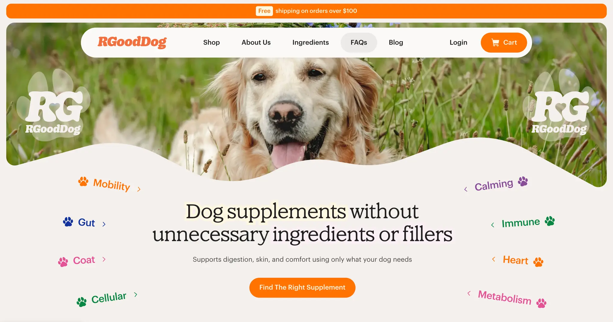 R Good Dog homepage hero reading Dog supplements without unnecessary ingredients or fillers, with a golden retriever and health category links