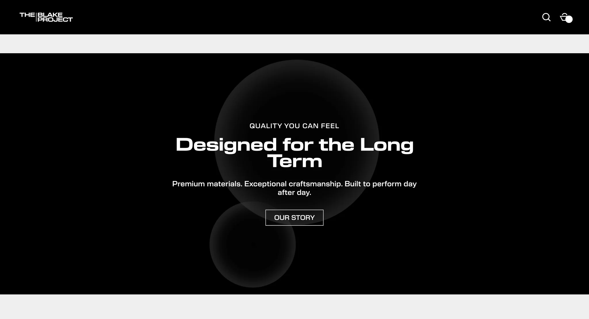 Black banner reading "Designed for the Long Term" with an "Our Story" button over two glowing circles