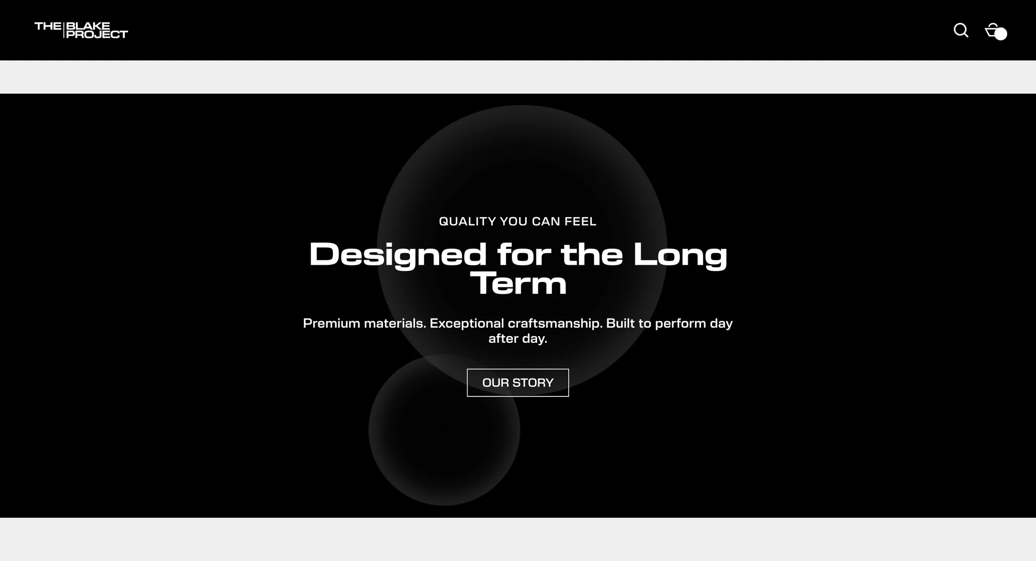 Black banner reading "Designed for the Long Term" with an "Our Story" button over two glowing circles