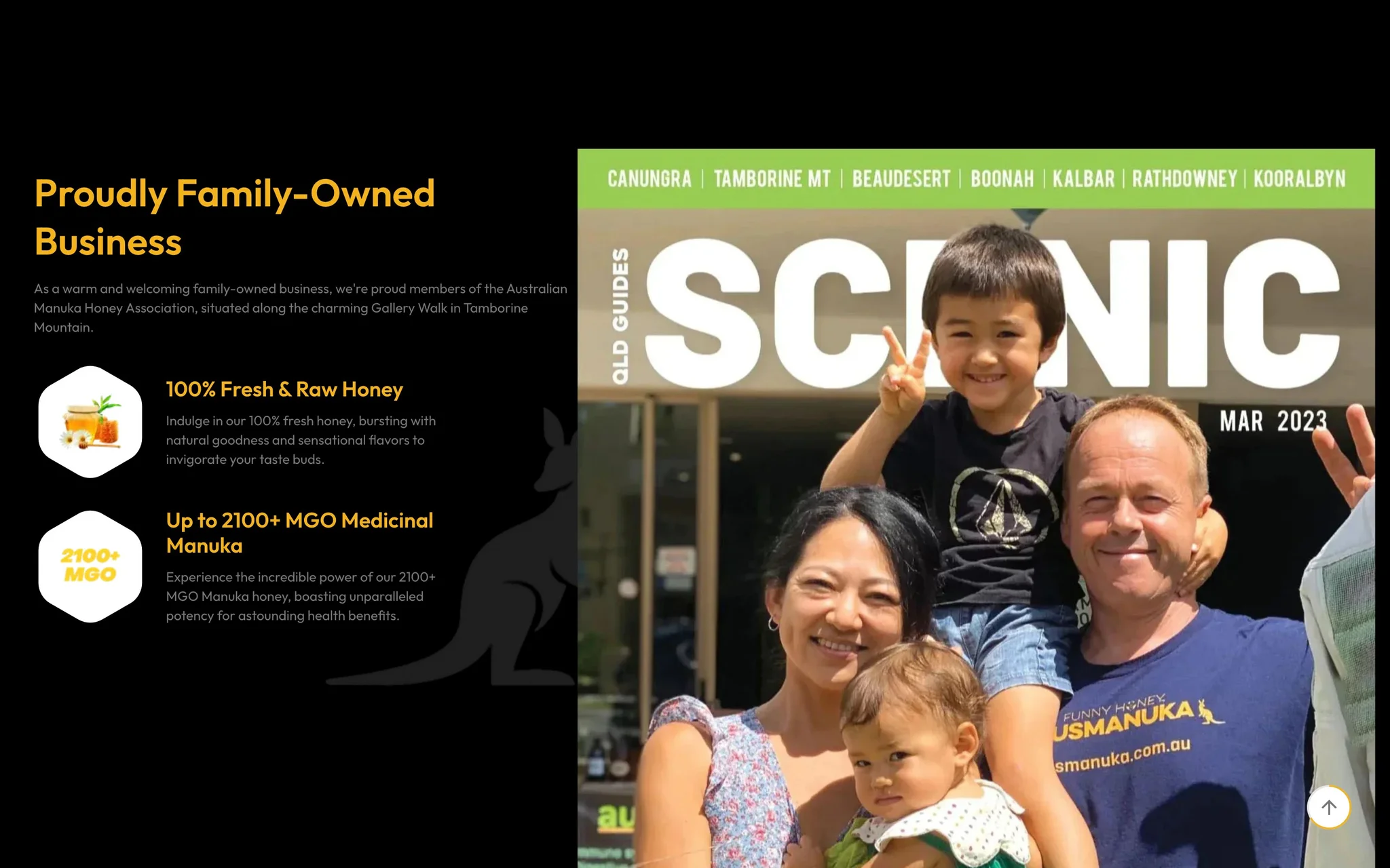 Ausmanuka Proudly Family-Owned Business section with raw honey and 2100+ MGO highlights beside a local magazine cover of the family.