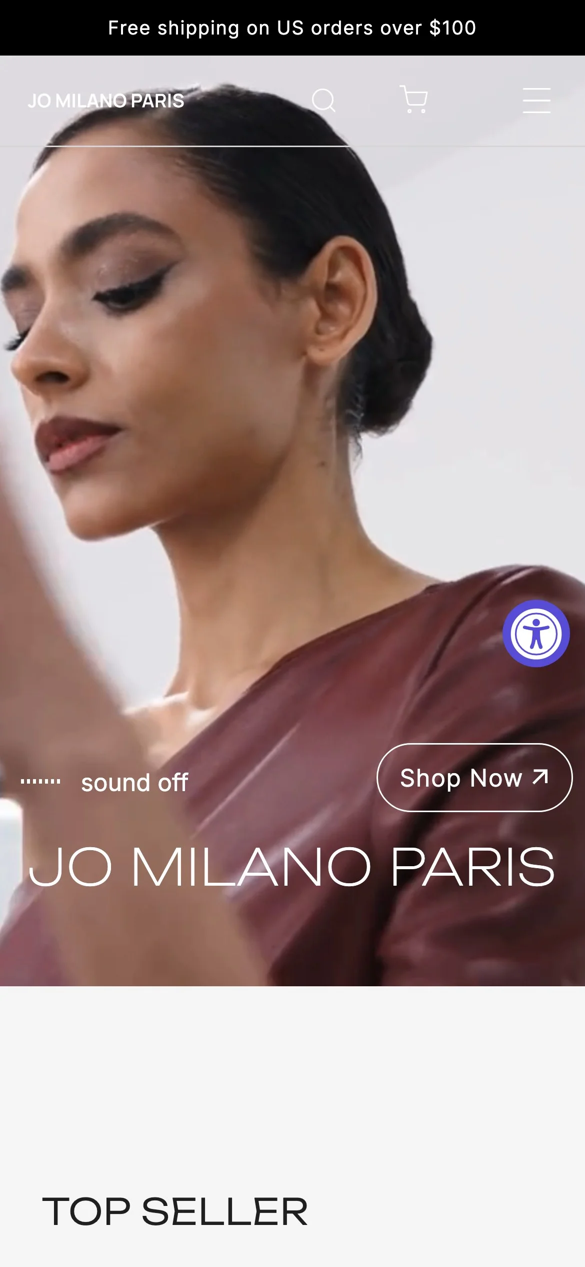 Jo Milano Paris mobile homepage with the video hero, Shop Now button and sound toggle.