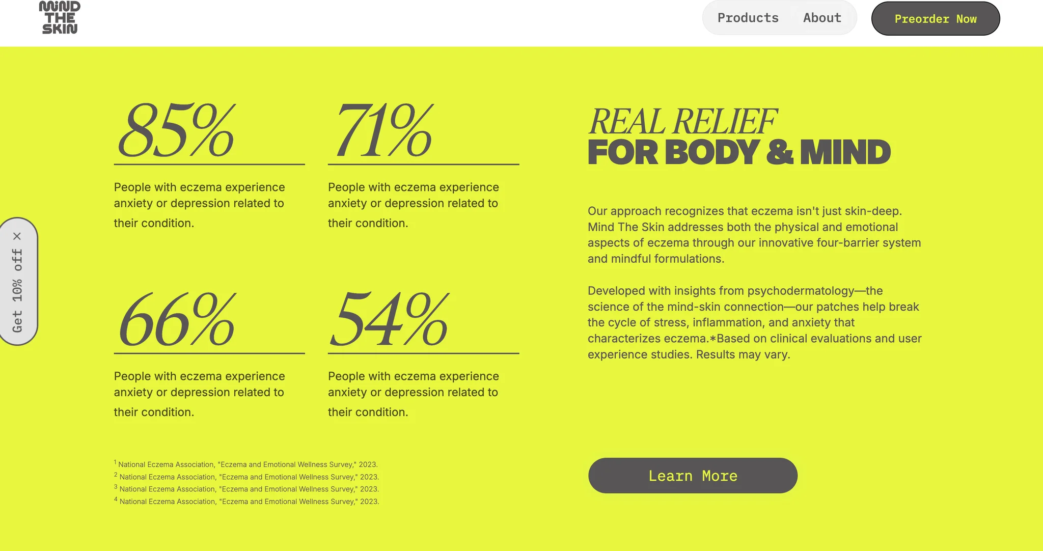 “Real relief for body and mind” section on Mind The Skin, pairing four cited eczema statistics with an explanation of the brand’s psychodermatology-informed approach.