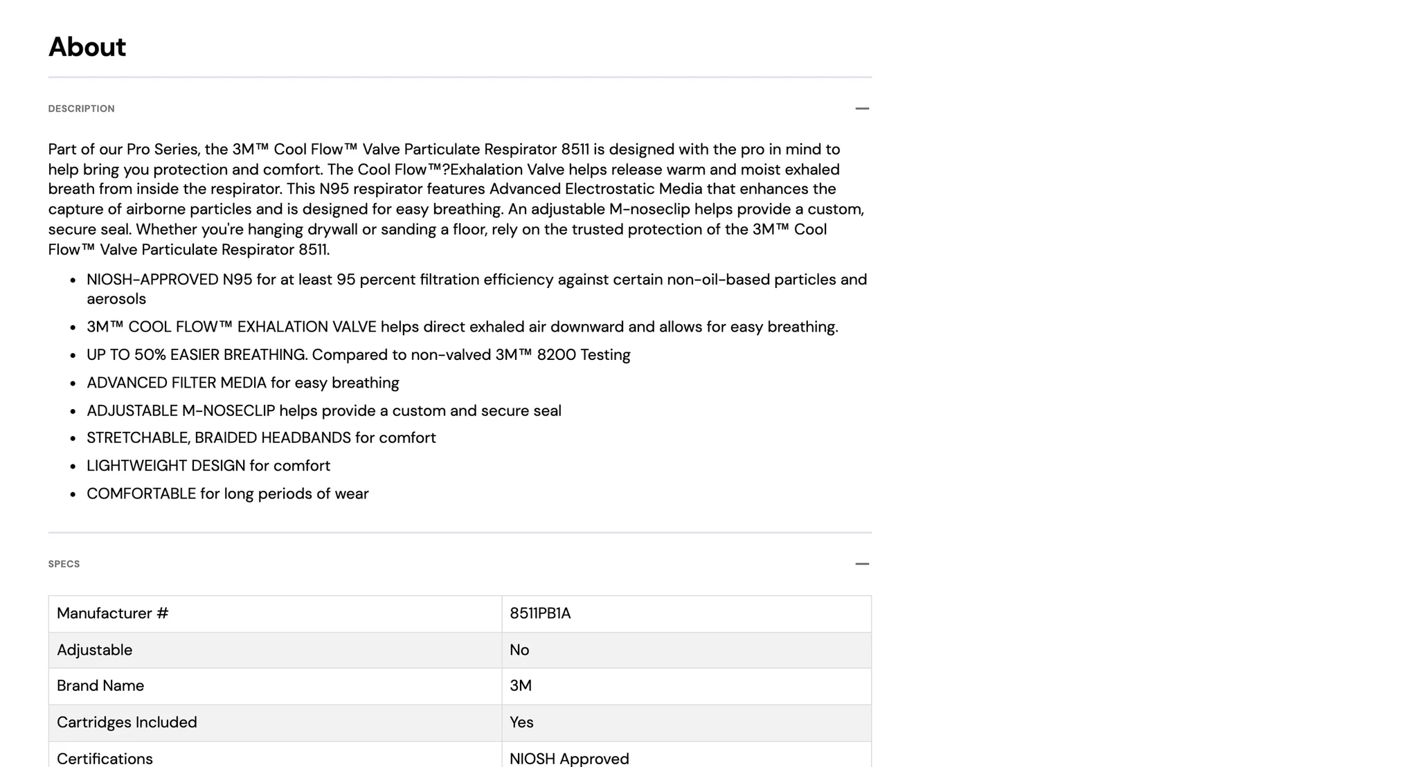 Respirator description and spec table with manufacturer number, brand, cartridges included and NIOSH approval rows
