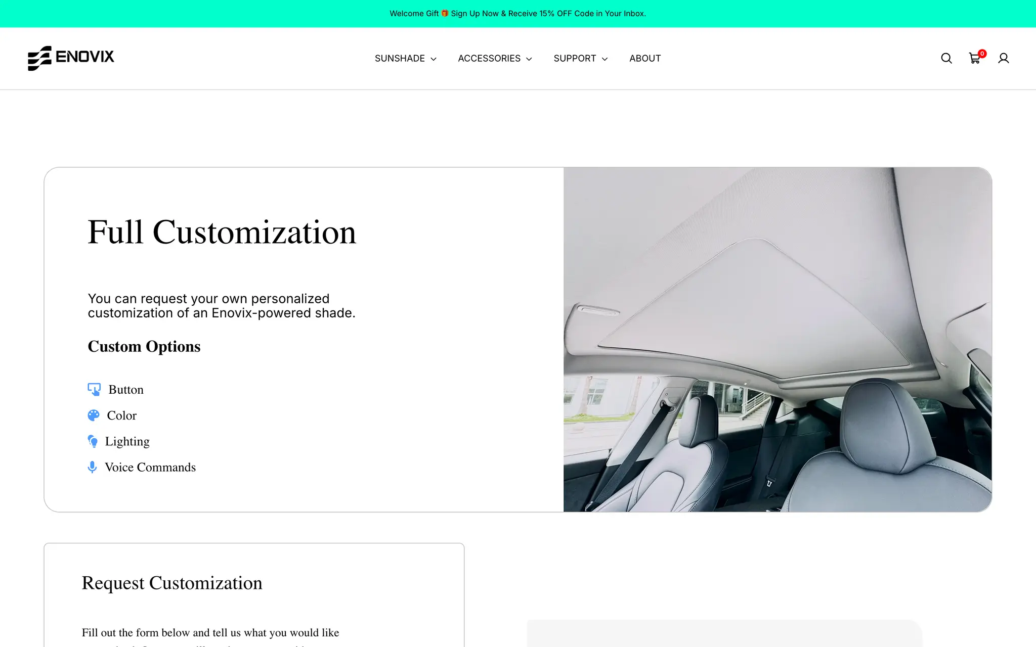 Enovix Full Customization page offering bespoke button, colour, lighting and voice-command options, with a request form beside a photograph of a Tesla interior.