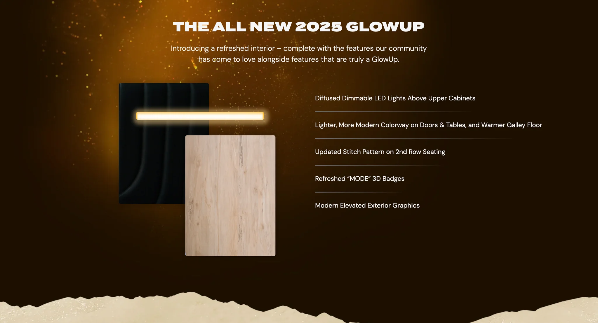 The All New 2025 GlowUp section listing dimmable LED lights, a lighter colourway, updated stitching and new badges beside material swatches