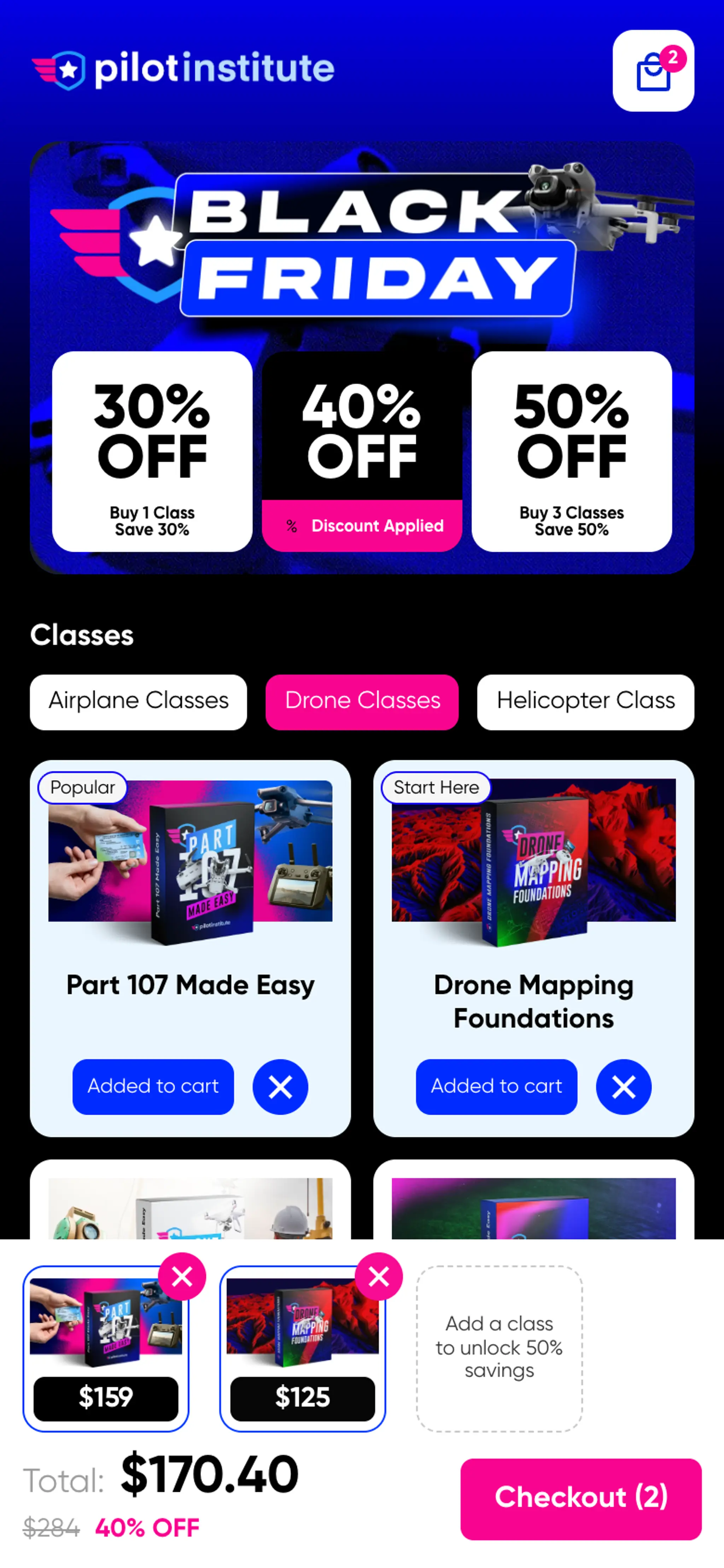 Pilot Institute sale page on a phone with two classes added and the 40% tier marked Discount Applied
