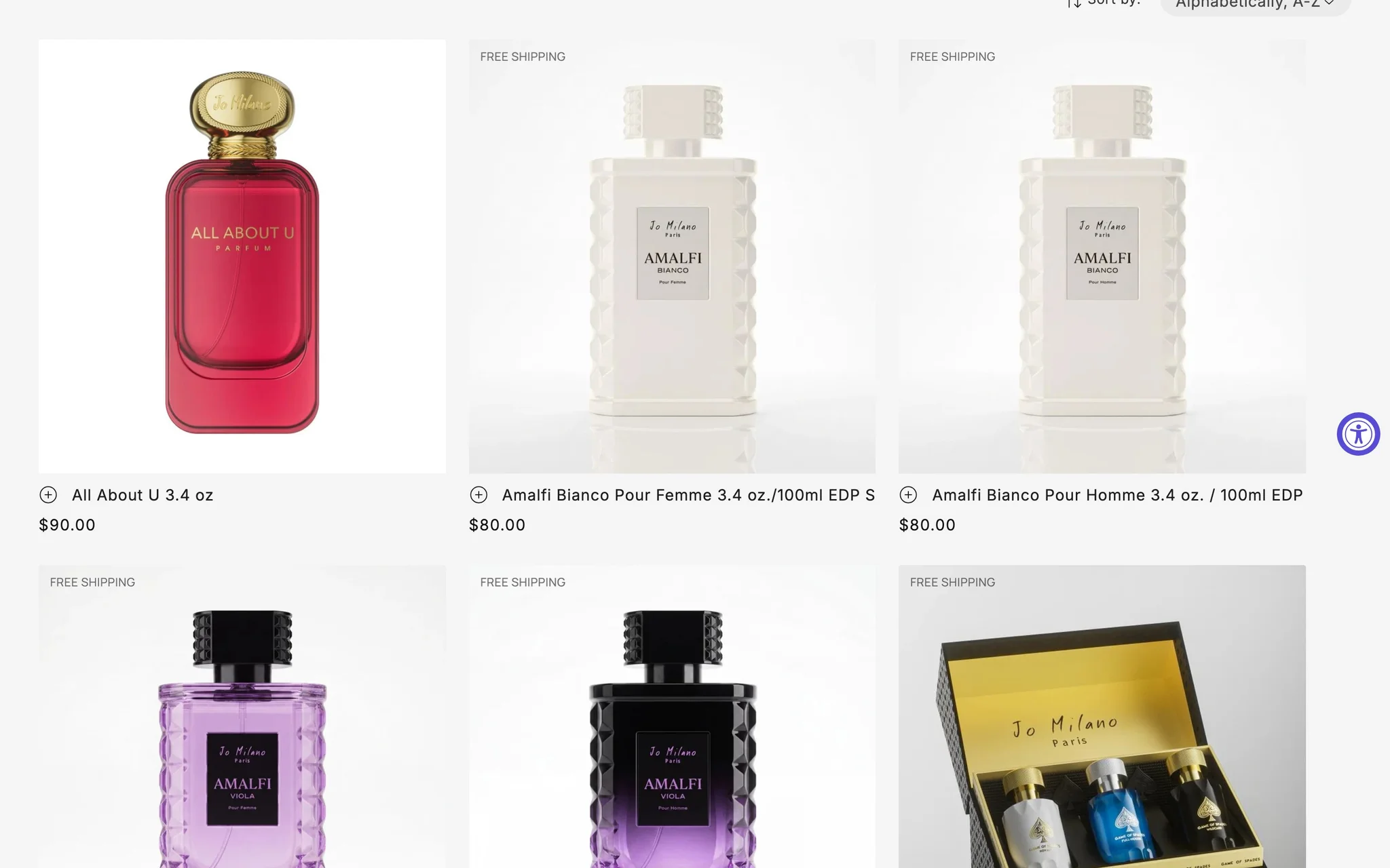 Jo Milano Paris collection grid with All About U, Amalfi Bianco and Amalfi Viola perfumes and a gift set.