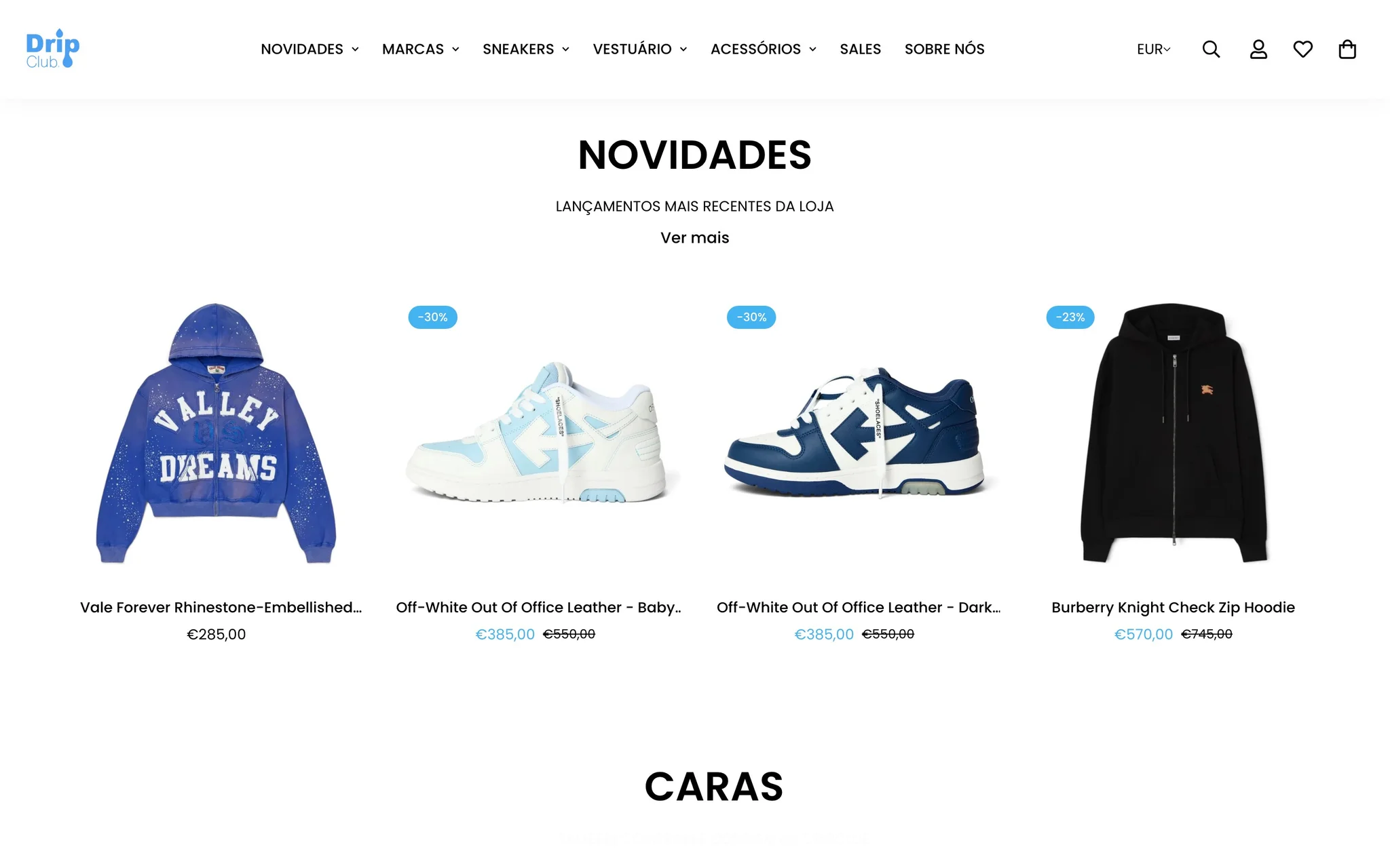 DripClub Novidades carousel showing Off-White and Burberry products with blue sale badges and reduced prices in euros.