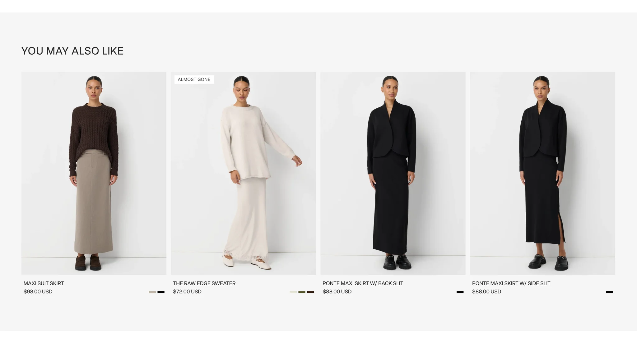 You may also like row on a light grey band under The Blazer page, with cards for the Maxi Suit Skirt, The Raw Edge Sweater marked Almost gone and two Ponte maxi skirts, one with a back slit and one with a side slit