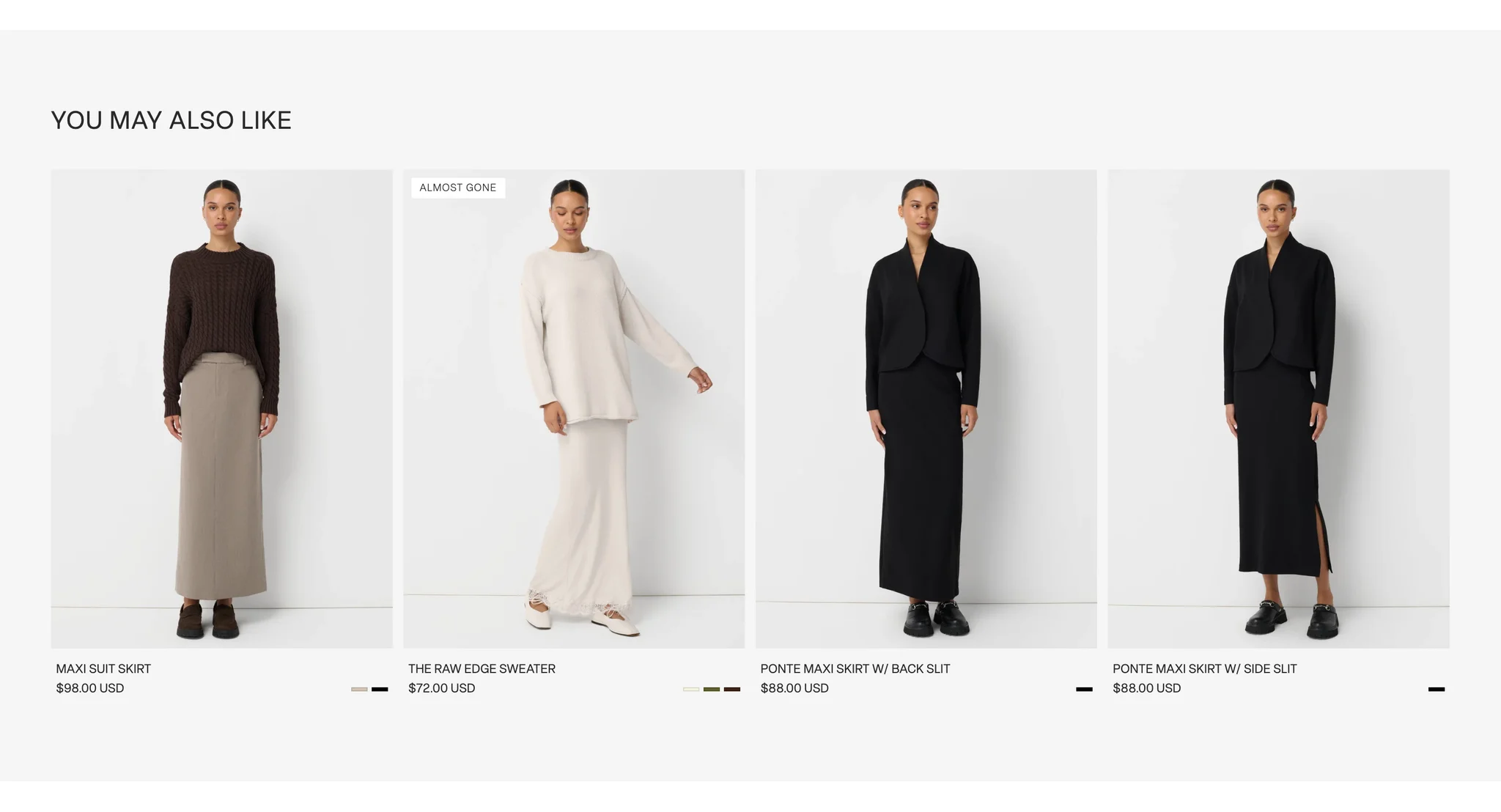 You may also like row on a light grey band under The Blazer page, with cards for the Maxi Suit Skirt, The Raw Edge Sweater marked Almost gone and two Ponte maxi skirts, one with a back slit and one with a side slit