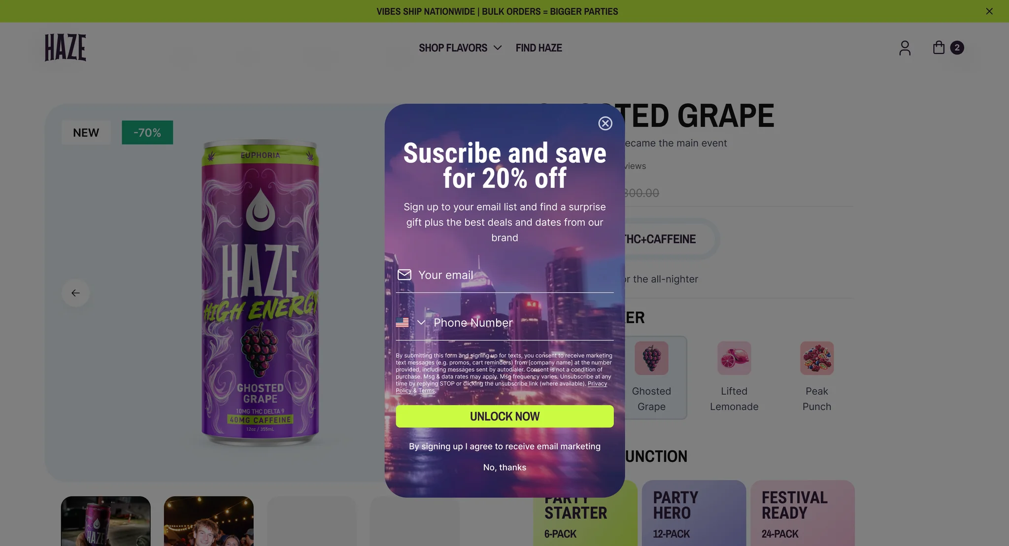"Subscribe and save for 20% off" email and phone capture modal over a product page