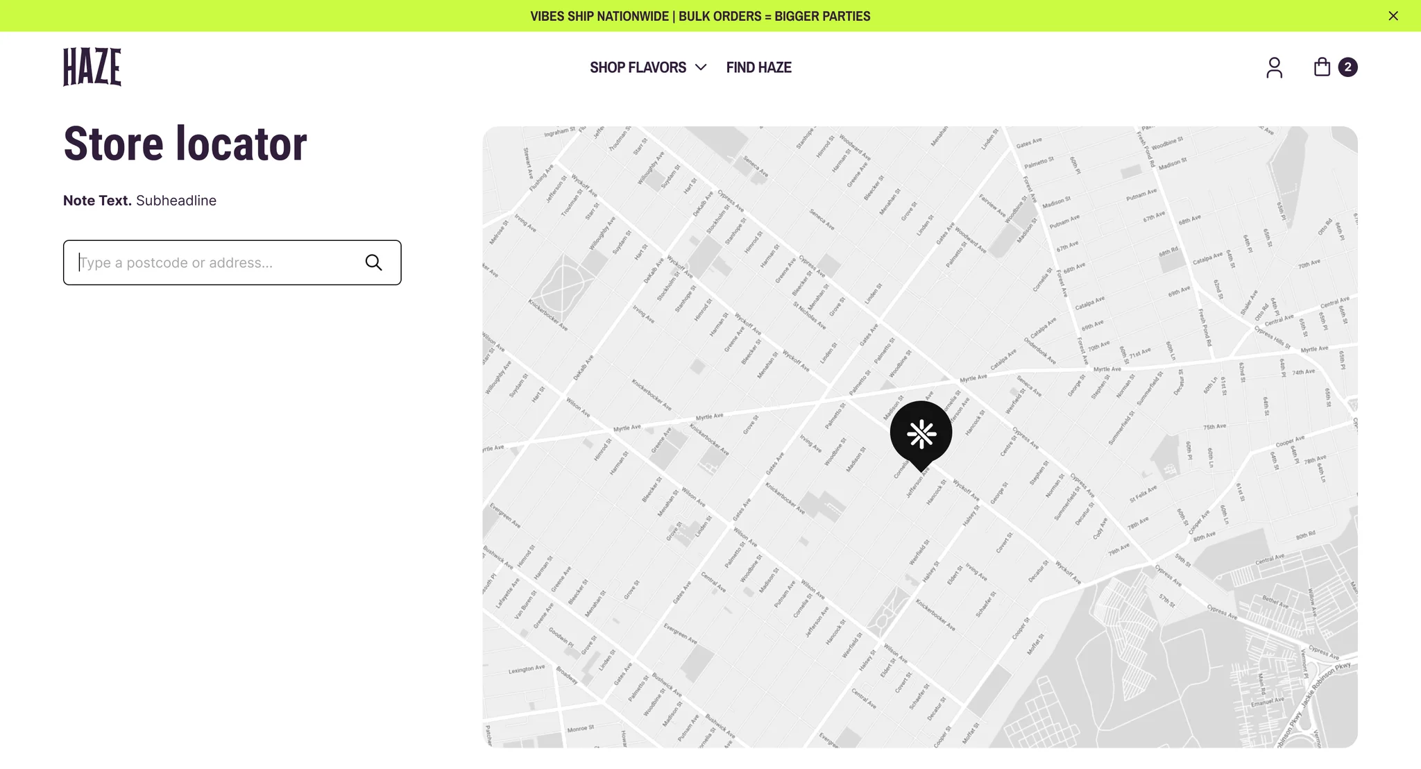 Store locator page with a postcode search field beside a map with a HAZE pin