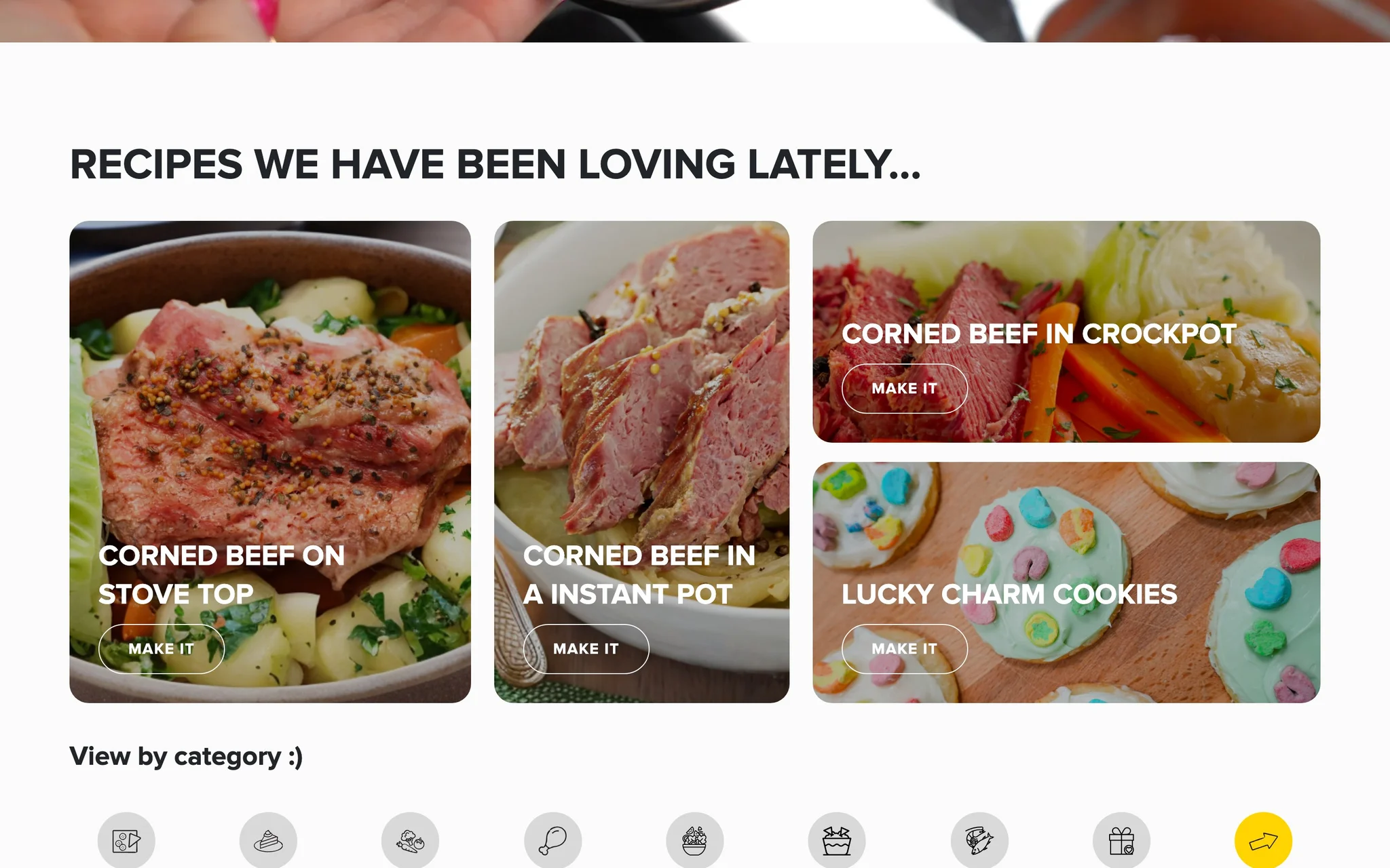 Cook It Erica 'Recipes we have been loving lately' grid of recipe cards with Make It buttons.