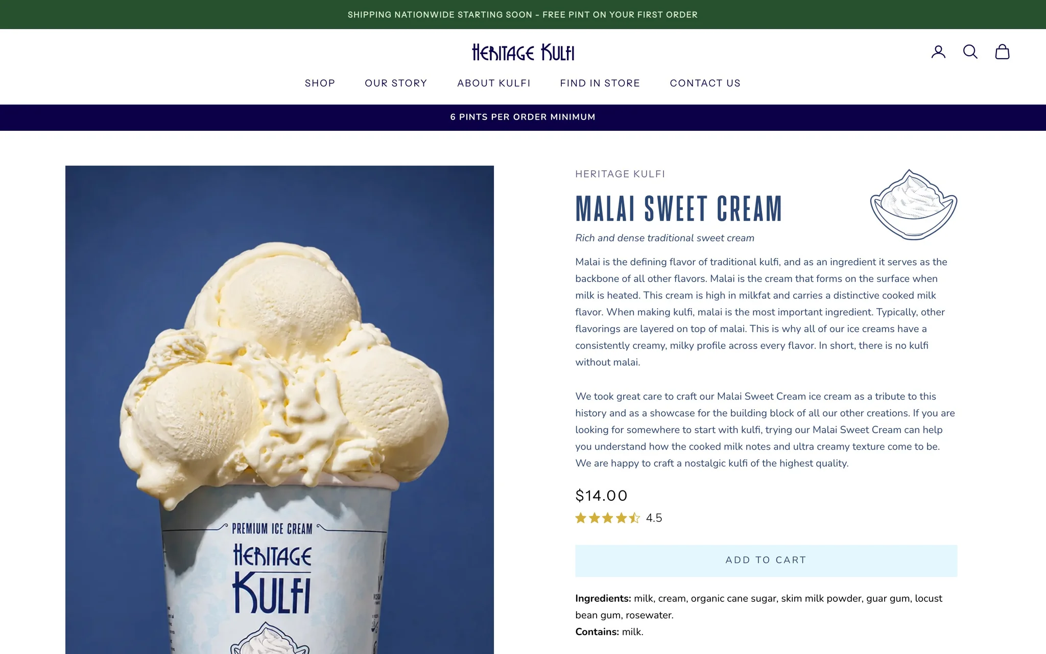 Heritage Kulfi Malai Sweet Cream product page with 6 pints per order minimum banner, price, rating and add to cart.