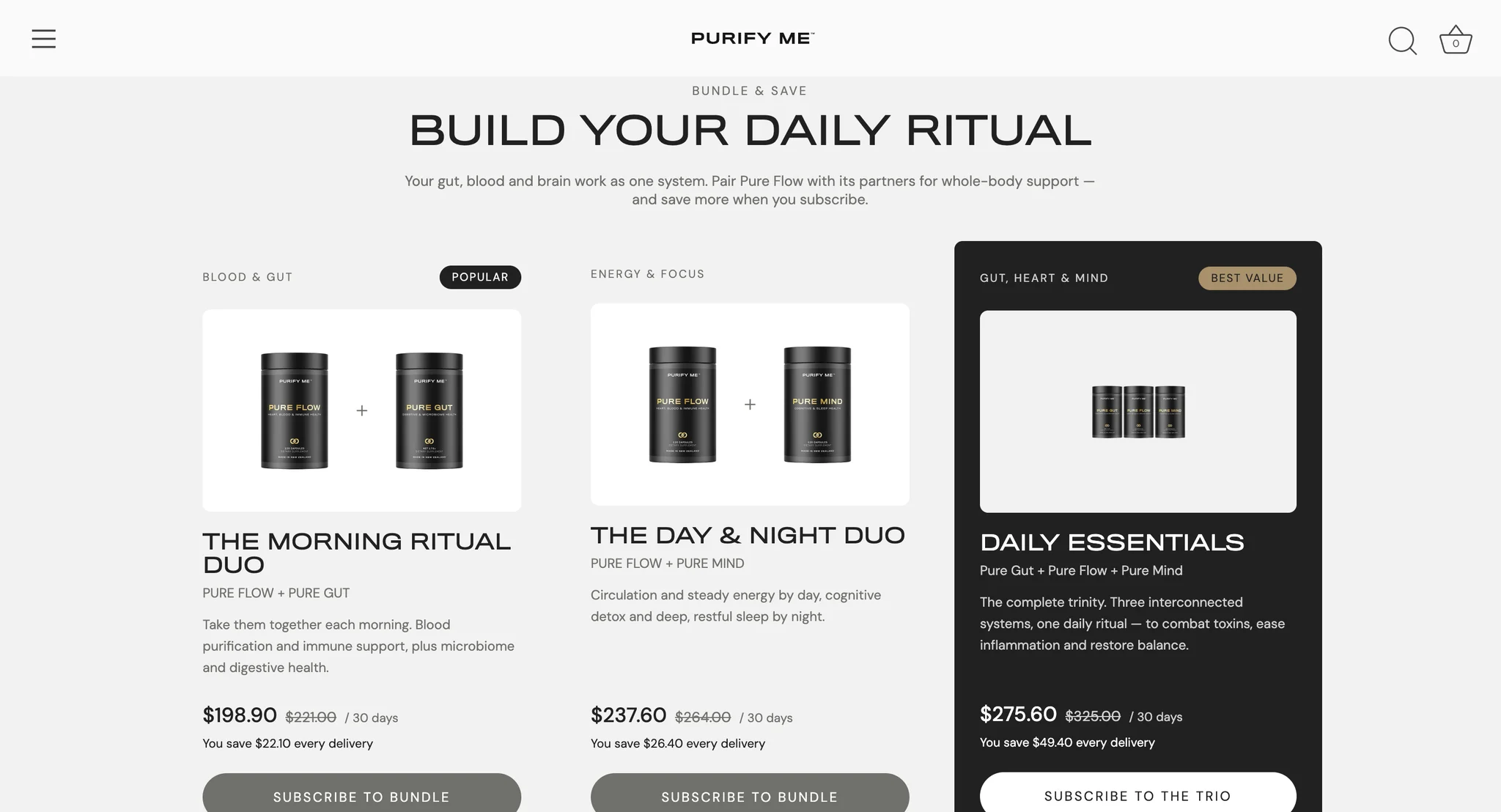"Build your daily ritual" section with three bundle cards: The Morning Ritual Duo, The Day and Night Duo and Daily Essentials