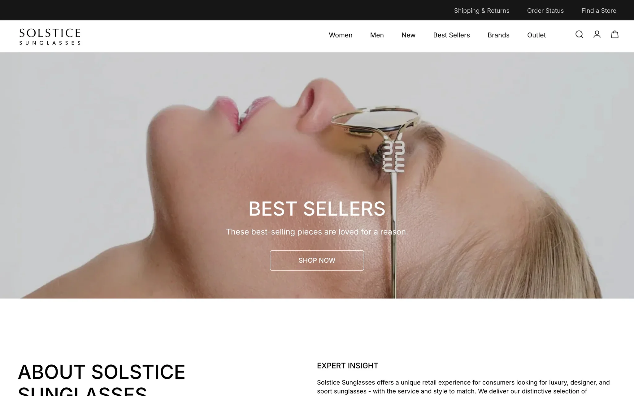Solstice Sunglasses Best Sellers banner with a close-up campaign photo and a Shop Now button.