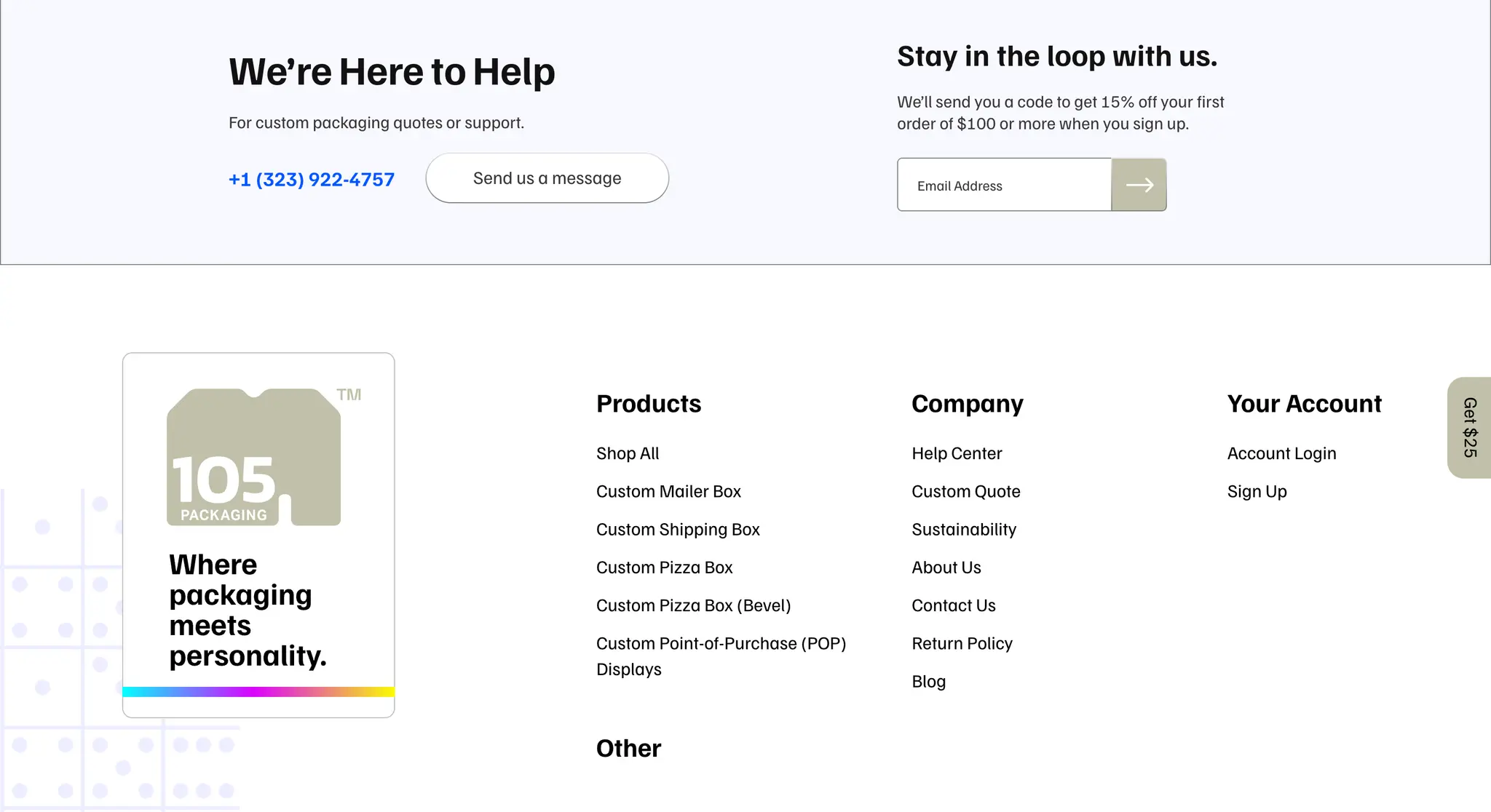 105 Packaging website footer with navigation, contact, and company links