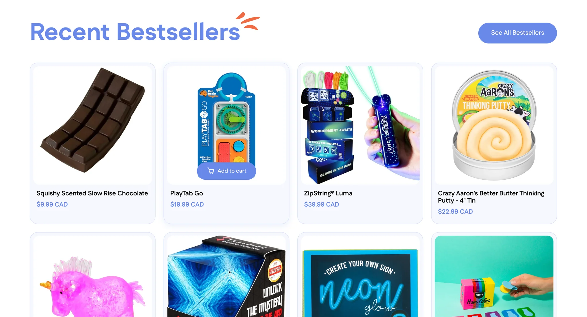 Recent Bestsellers row with an orange accent mark by the heading and a See All Bestsellers button, with the PlayTab Go card hovered and a periwinkle Add to cart button over its photo, beside the Squishy Scented Slow Rise Chocolate, ZipString Luma and Crazy Aaron's Thinking Putty cards