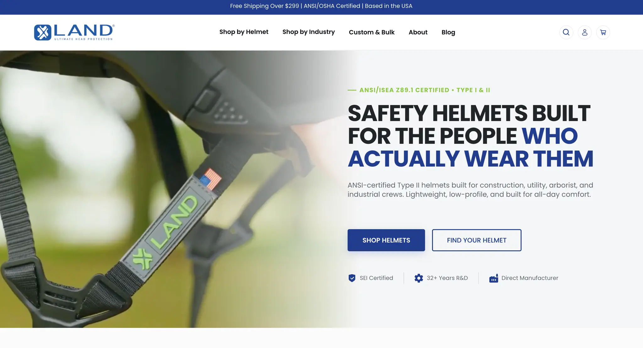LAND Helmets homepage hero on desktop with the headline Safety Helmets Built for the People Who Actually Wear Them and ANSI Z89.1 certification messaging