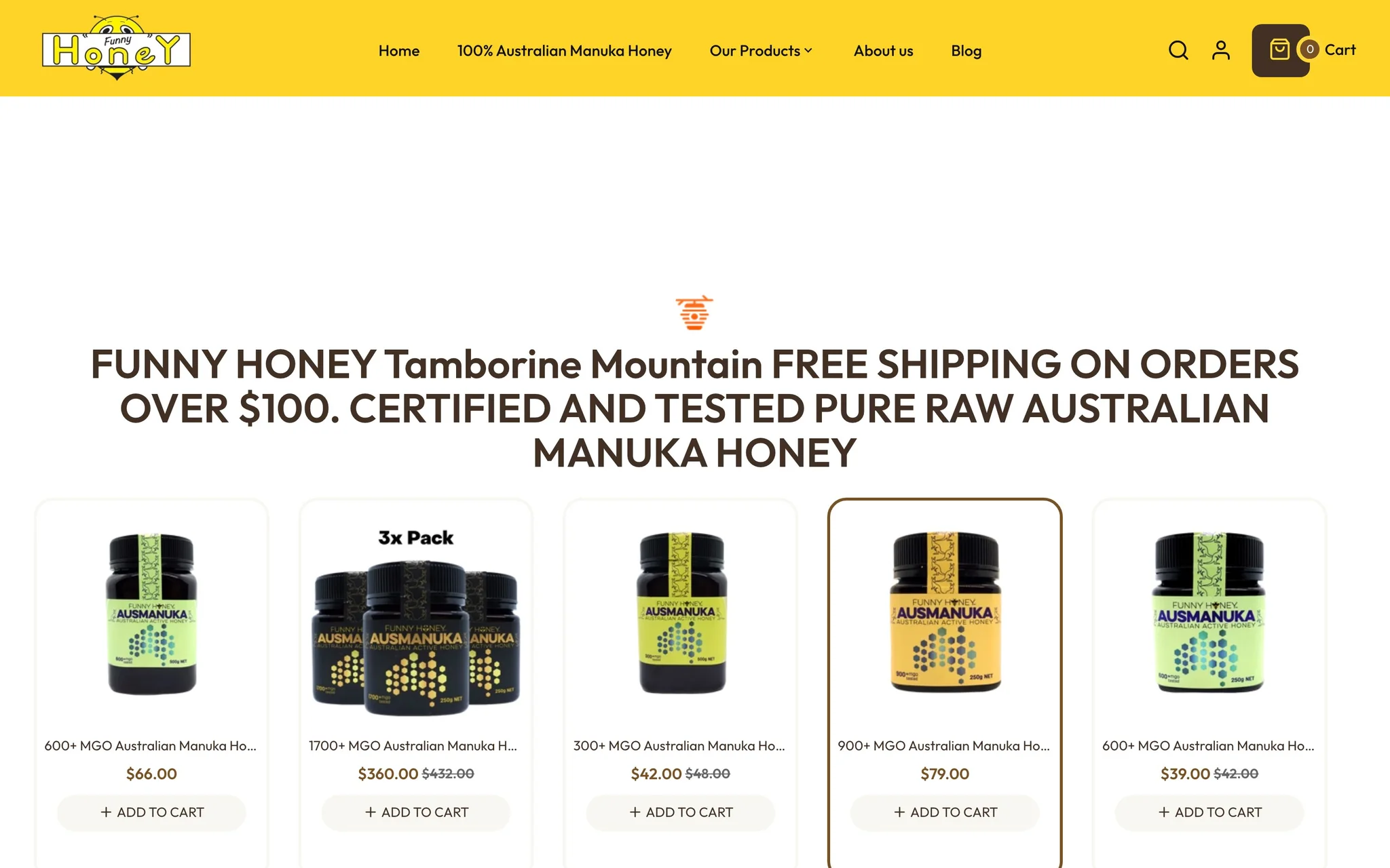 Funny Honey homepage with the yellow header, free shipping headline and a grid of Ausmanuka Manuka honey jars with sale prices and Add to Cart buttons.