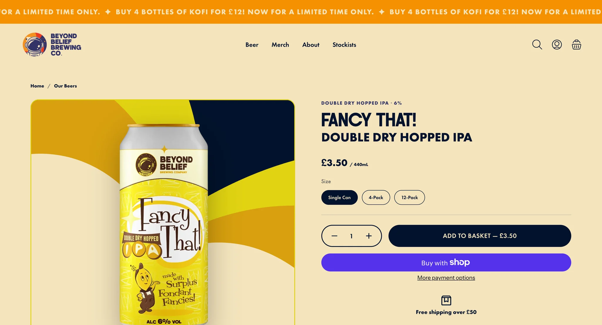 Fancy That! double dry hopped IPA product page on a yellow illustrated background