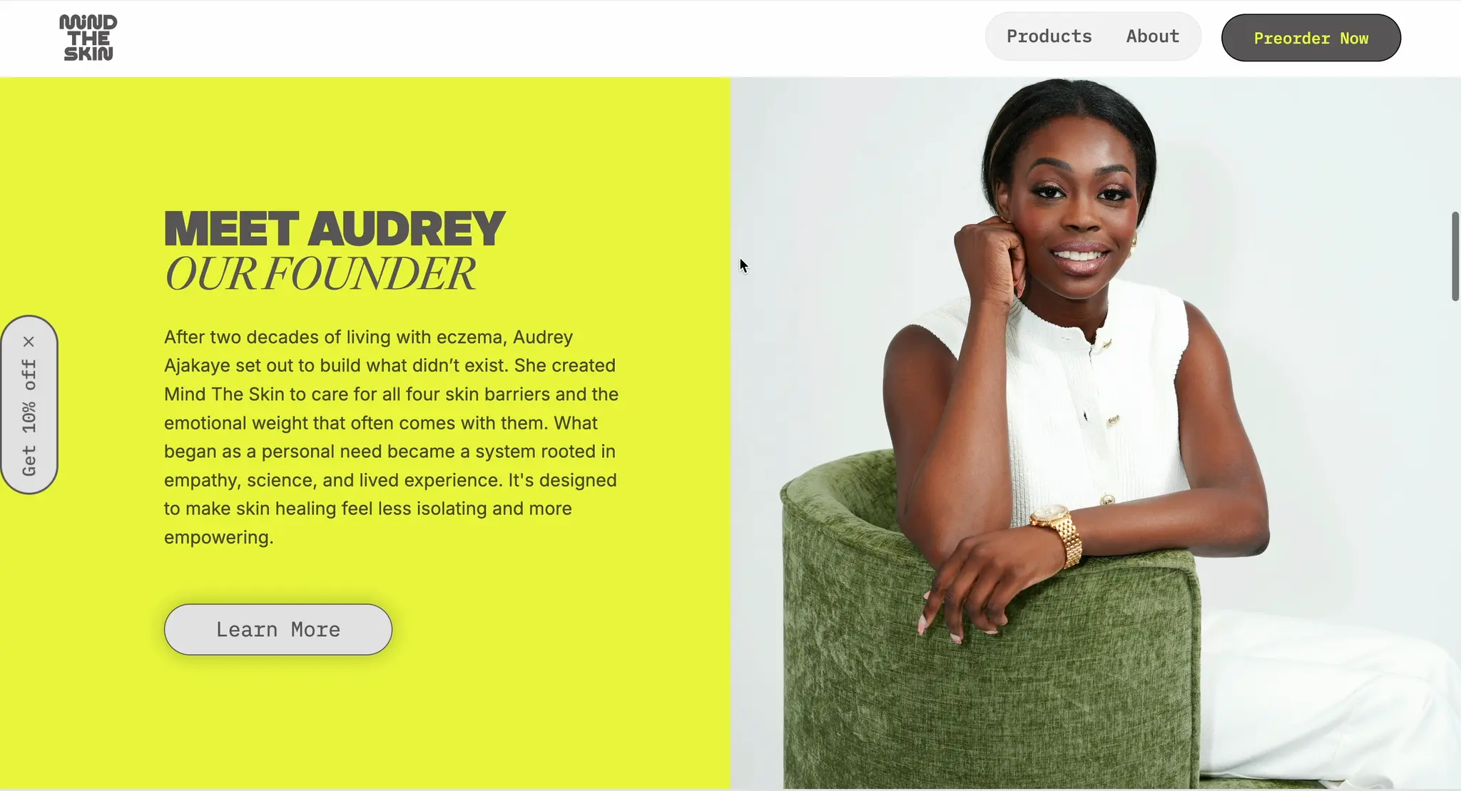 “Meet Audrey, our founder” section on Mind The Skin, with the founder’s story on a yellow panel beside a portrait of her seated in a green armchair.
