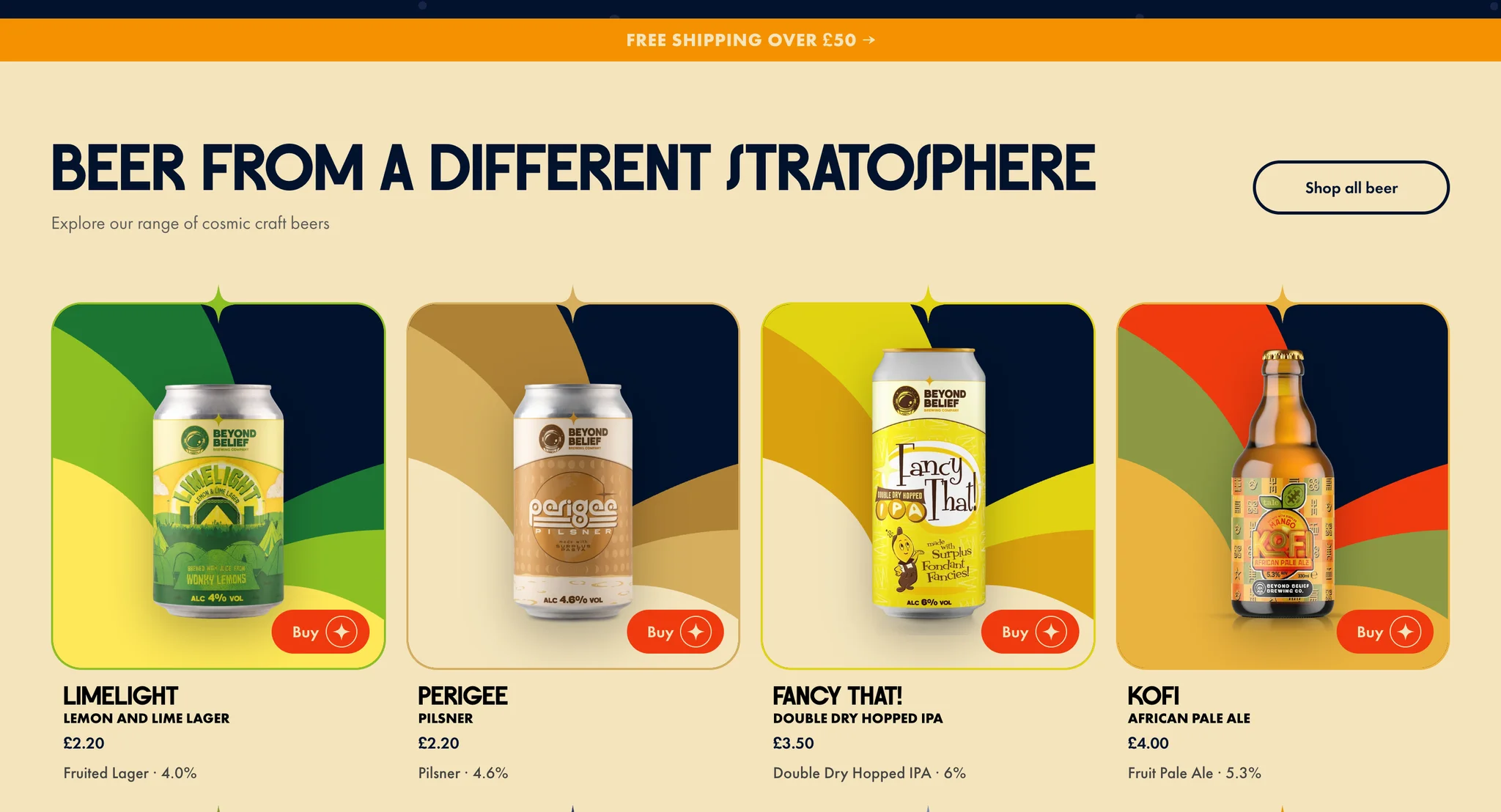 "Beer from a different stratosphere" section with Limelight, Perigee, Fancy That! and Kofi cards, each with price, style, ABV and a Buy button