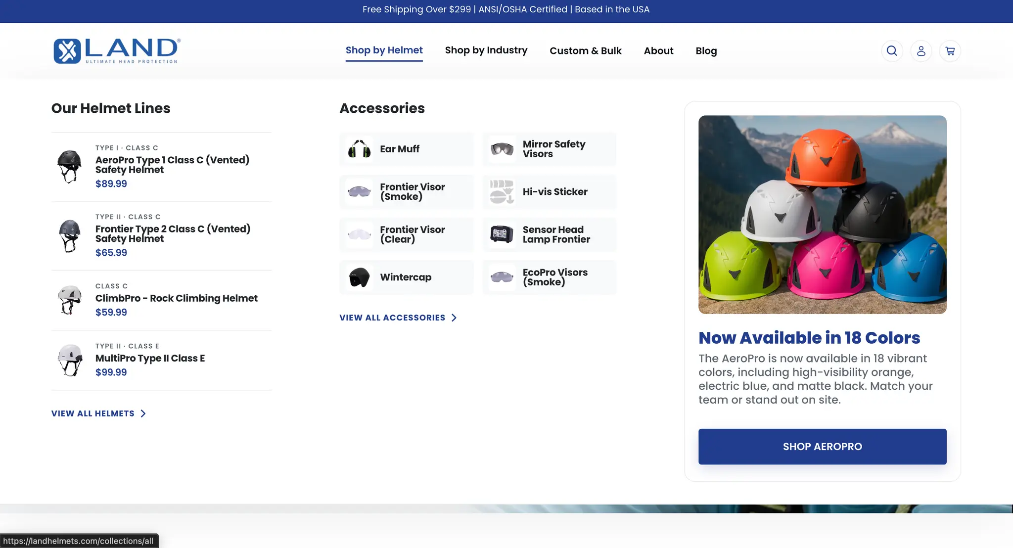 LAND Helmets Shop by Helmet mega menu listing the AeroPro, Frontier, ClimbPro, and MultiPro lines with accessories and an 18 color promo