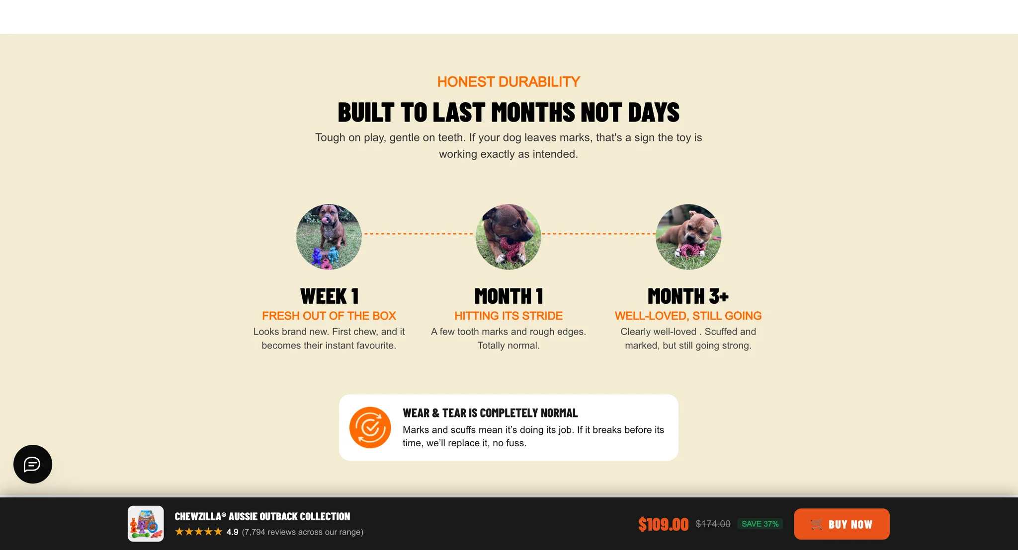 Honest durability timeline showing a toy at week 1, month 1 and month 3+, with a note that wear and tear is normal and a toy that breaks before its time is replaced