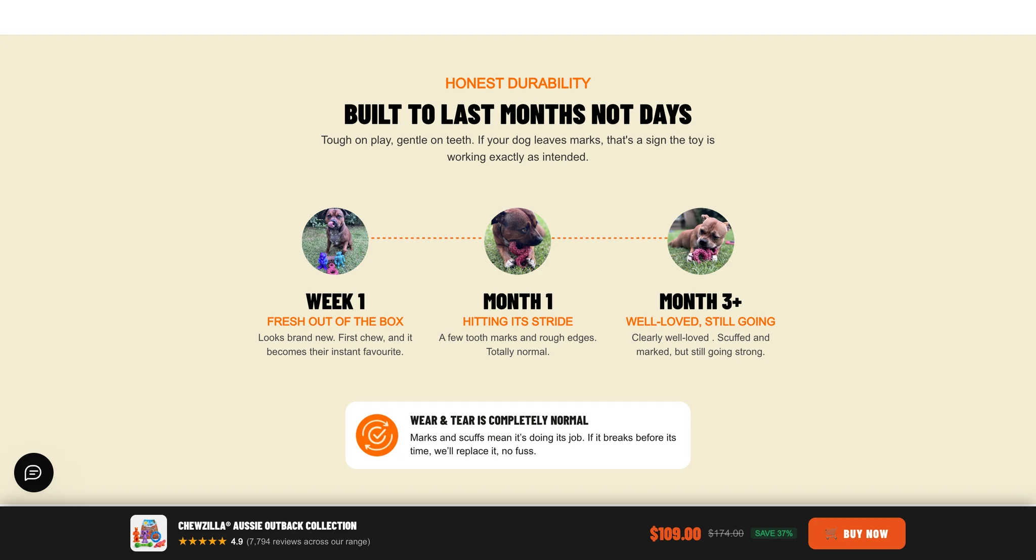 Honest durability timeline showing a toy at week 1, month 1 and month 3+, with a note that wear and tear is normal and a toy that breaks before its time is replaced