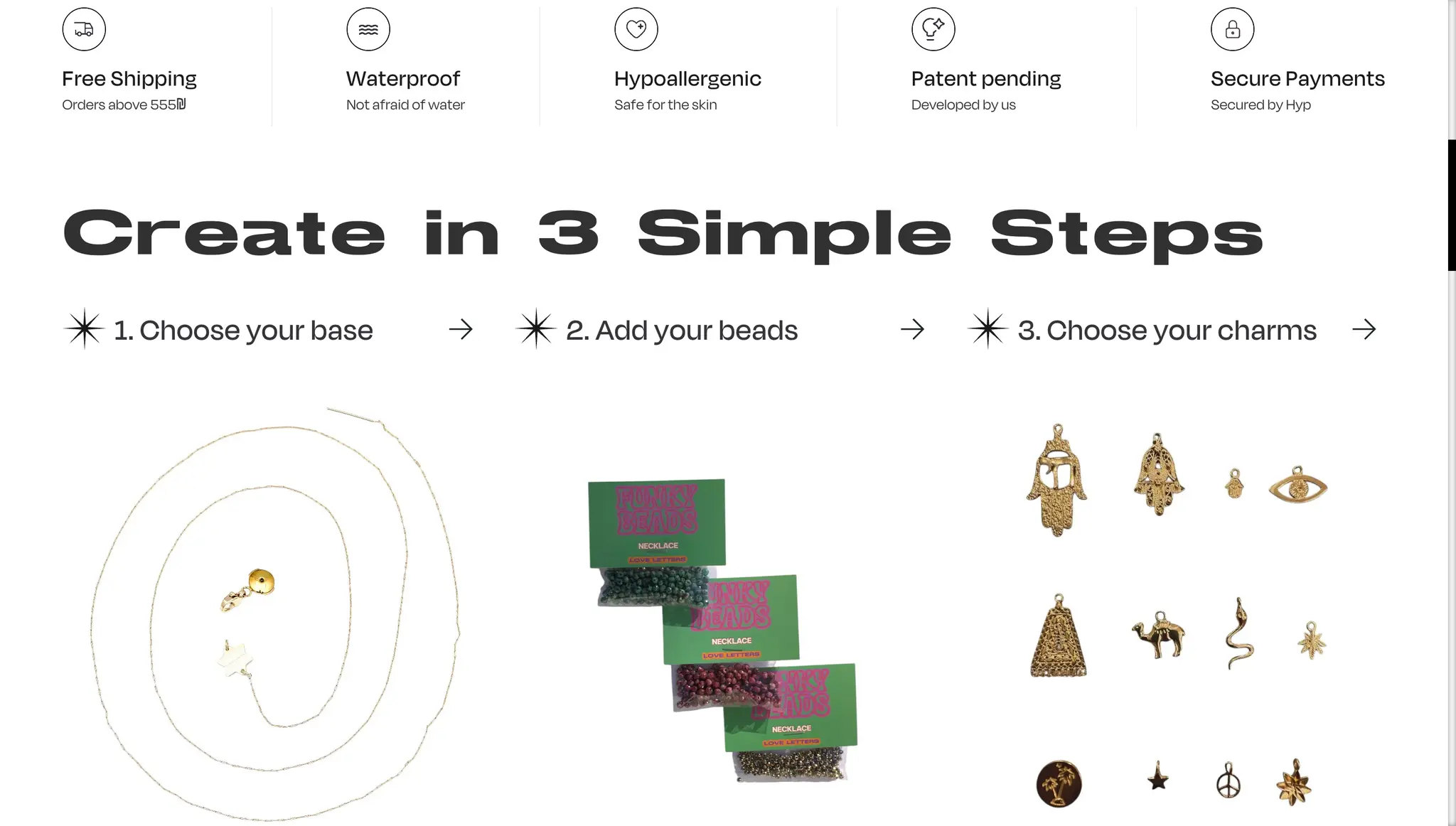 Custom jewelry builder step two, adding beads to a personalized piece, on the Love Letters Shopify store