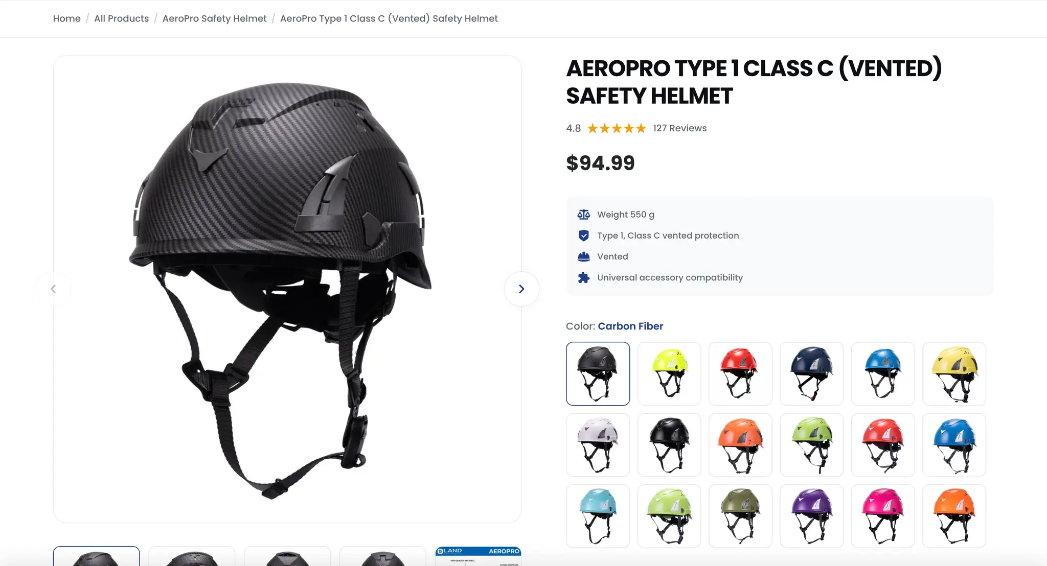 LAND Helmets AeroPro Type 1 Class C product detail page showing specs, reviews, and an 18 color swatch selector