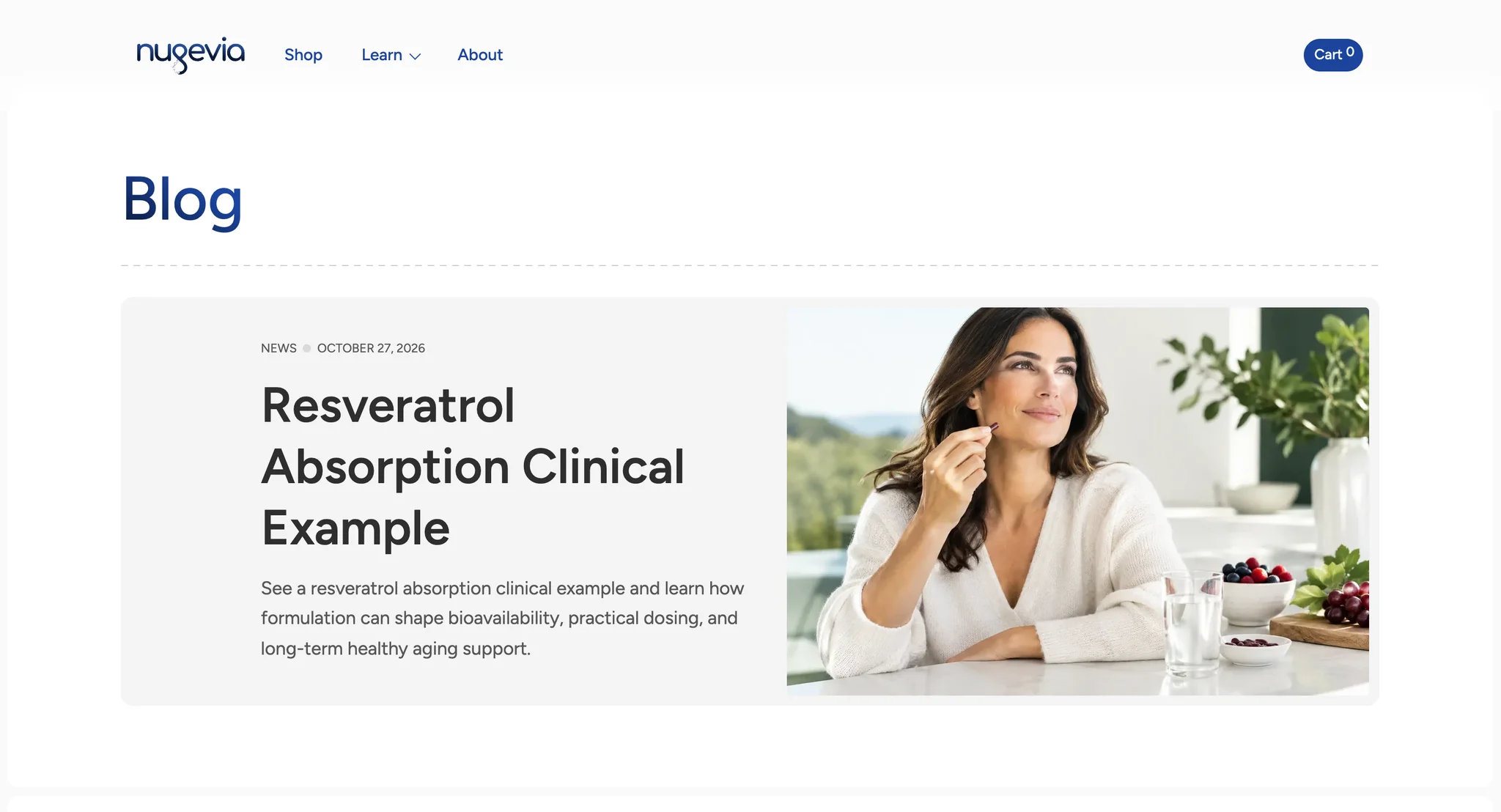 Blog index with a large featured post card dated 27 October 2026, "Resveratrol Absorption Clinical Example" and a short summary, beside a photo of a woman holding a capsule at a bright kitchen table